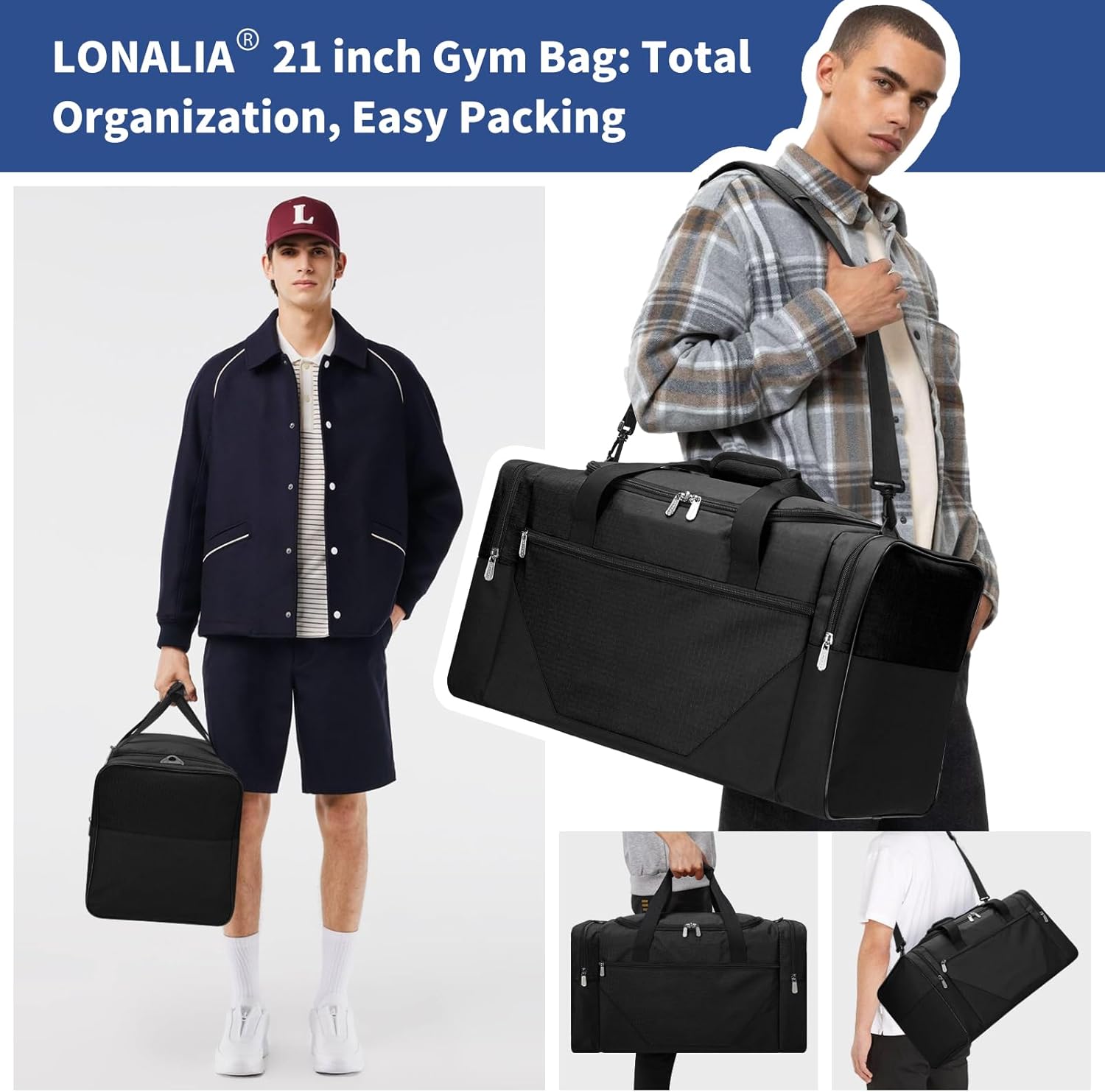 Thumbnail 6 de LONALIA Sac de Sport 45L avec Poche Humide et Compartiment à Chaussures – Noir