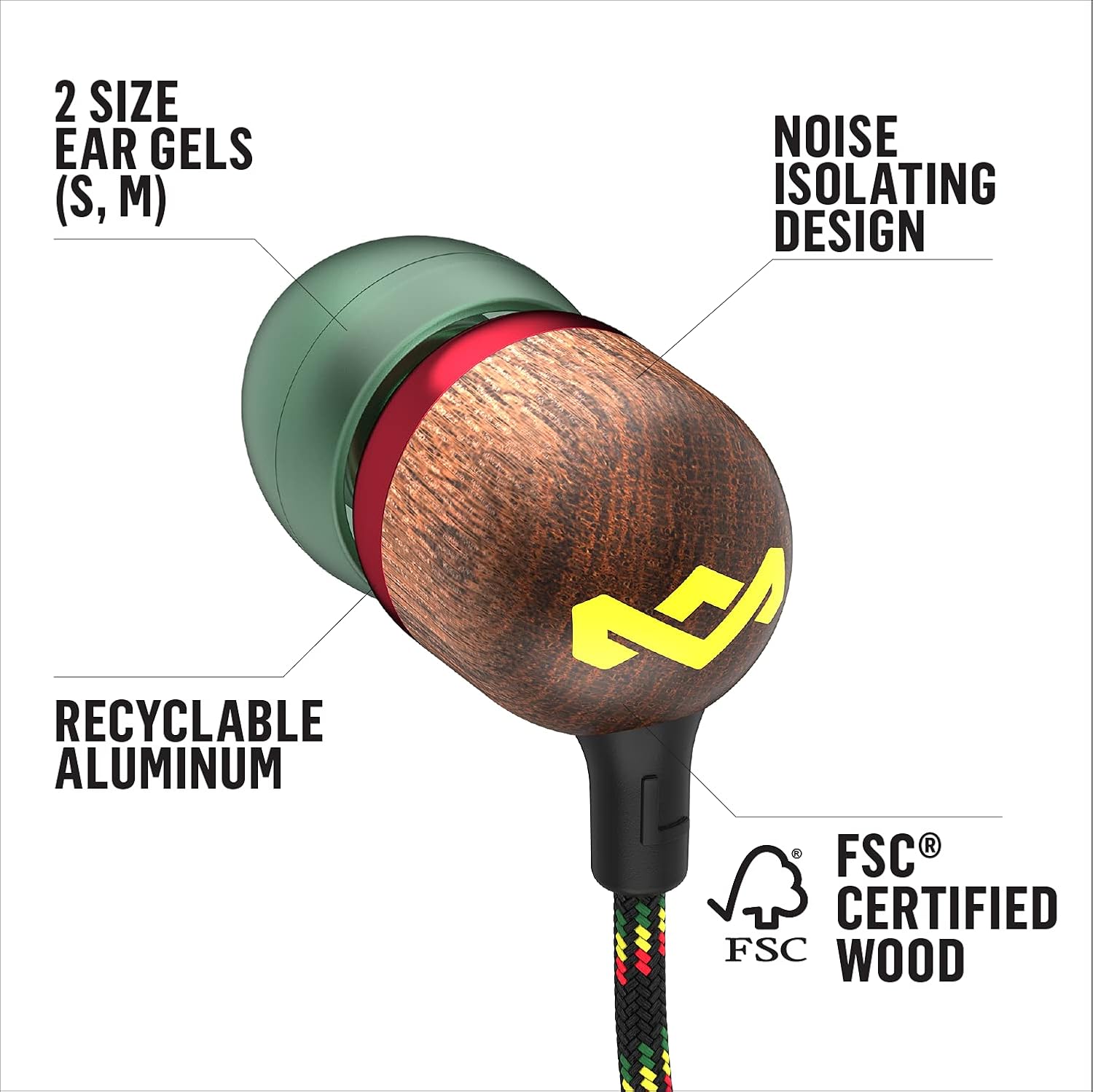 Detalle de Marley Smile Jamaica In-Ear Kopfhörer mit Kabel – 9mm Treiber, Mikrofon & Noise-Isolierung