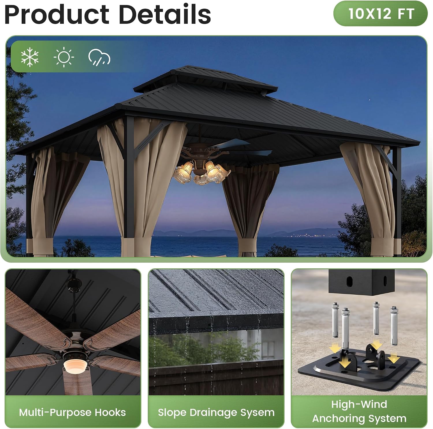 Detalle 2 de Amopatio Hardtop Gazebo 10x12FT