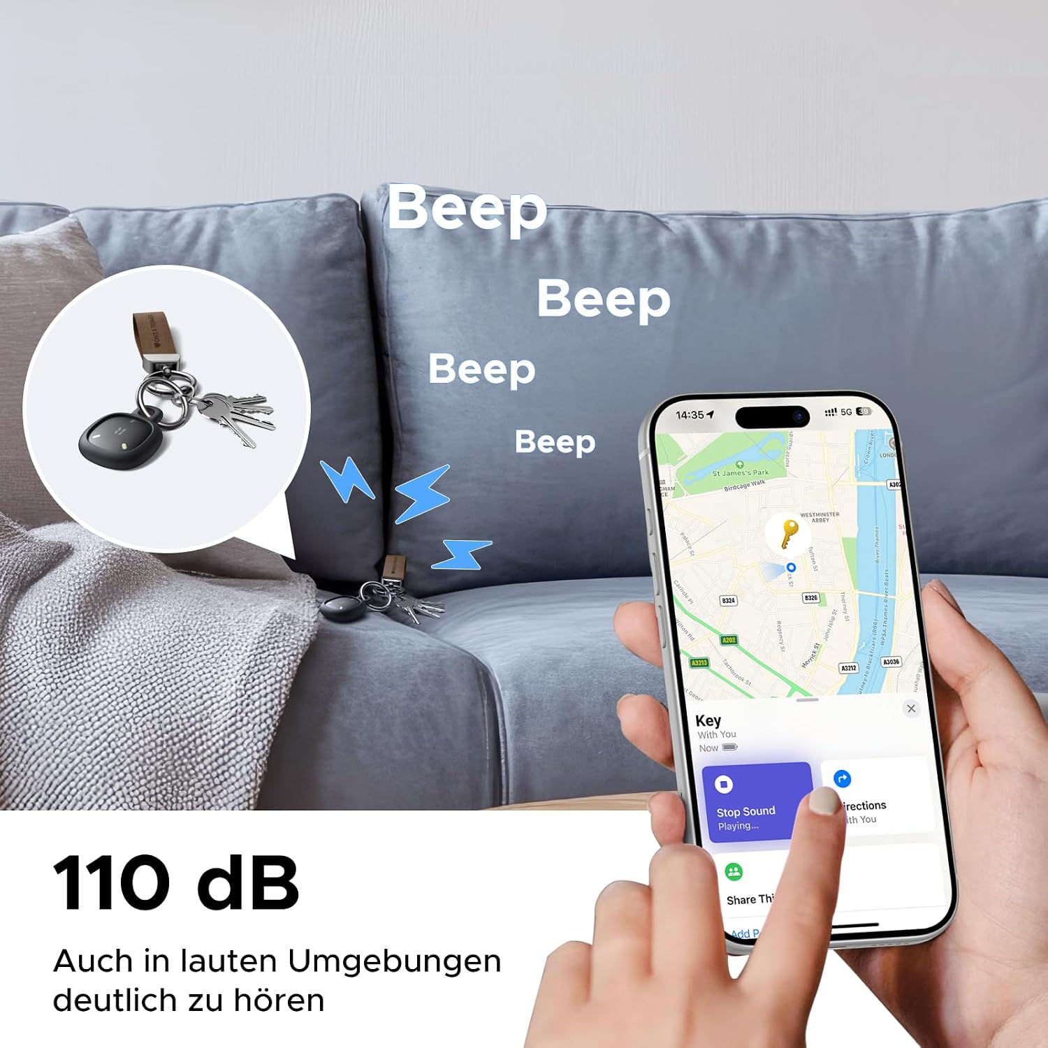 Detalle de UGREEN FineTrack Mini Duo 2-sleutelvinders, 4-pack met IP68 en 110dB alarm