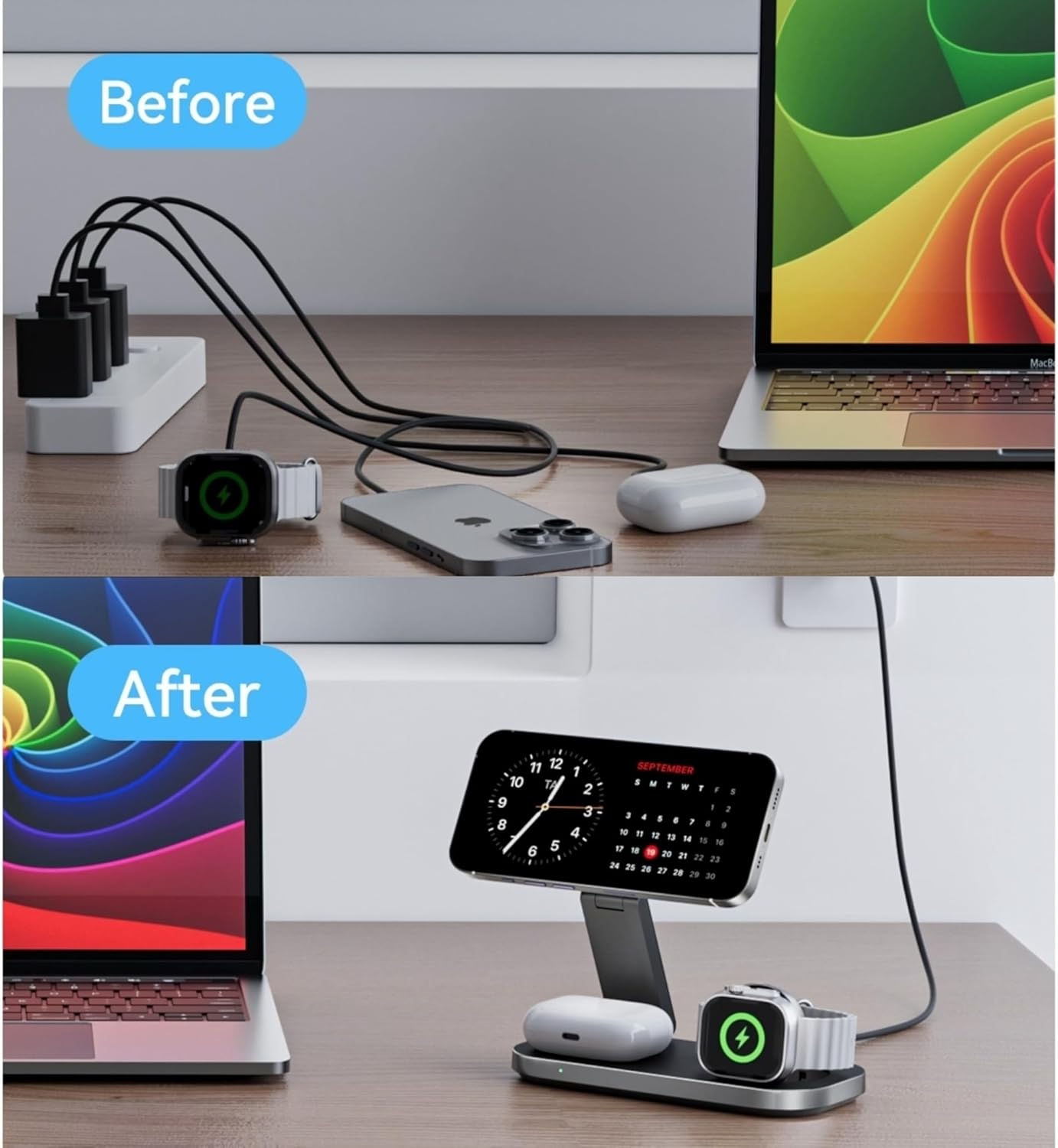 Thumbnail 3 de 3 in 1 Wireless Charging Station (Foldable) for iPhone, Apple Watch & AirPods – Travel-Ready MagSafe Stand, 20W Adapter Included (Black)