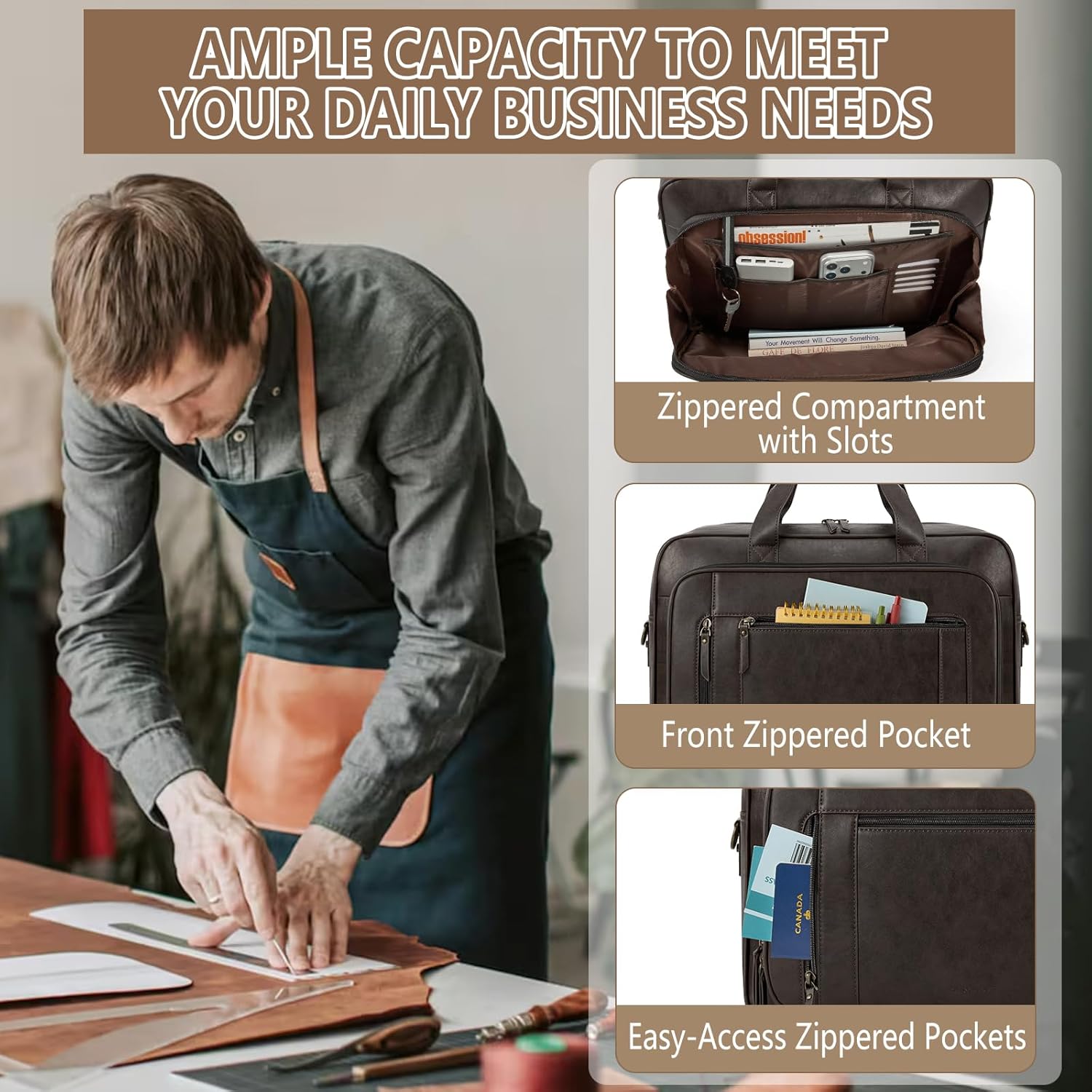 Detalle 2 de RAINSMORE Laptop Bag for Men – 16 Inch PU Leather Satchel Briefcase