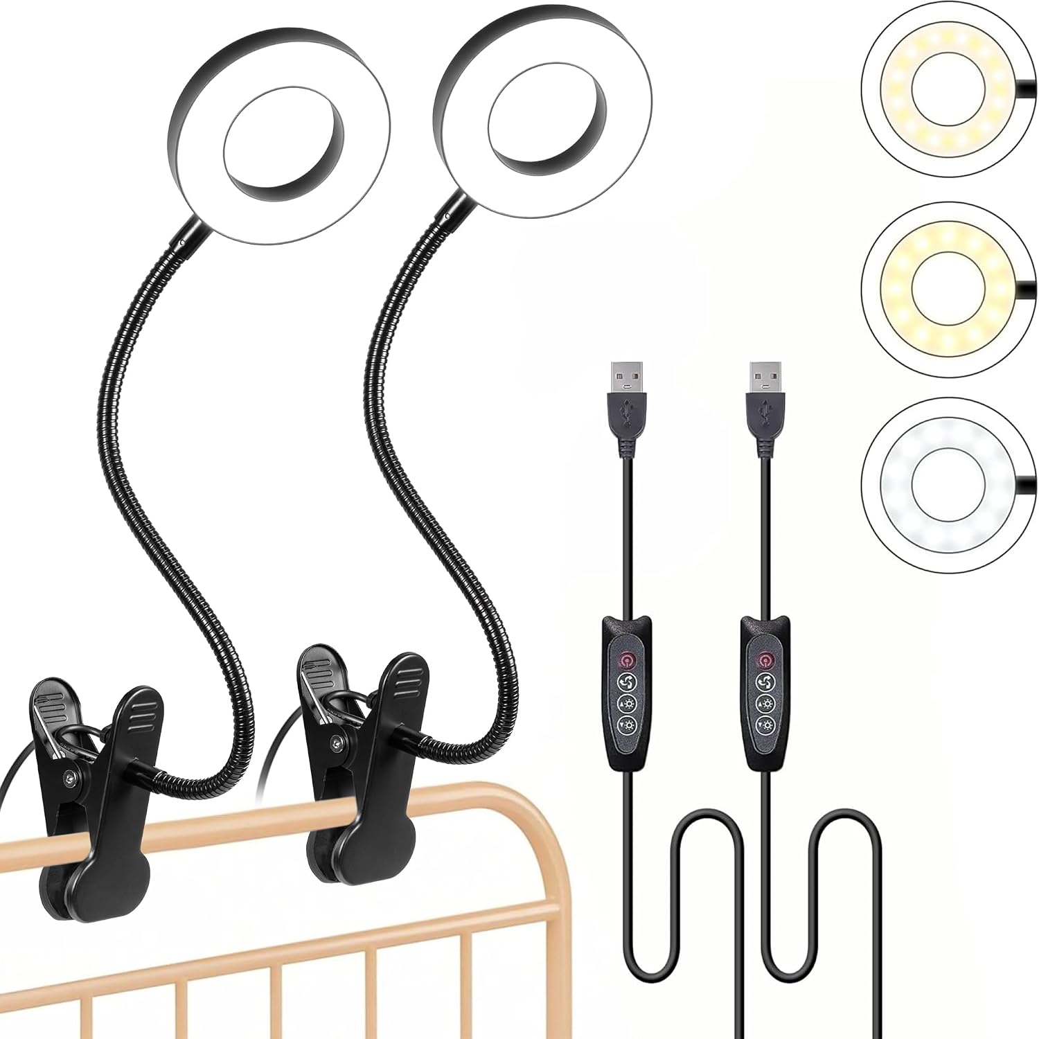 Detalle de Foneso YCA804 LED Clamp Desk Lamp, 360° Gooseneck, 30 Lighting Modes, Two-Piece Set