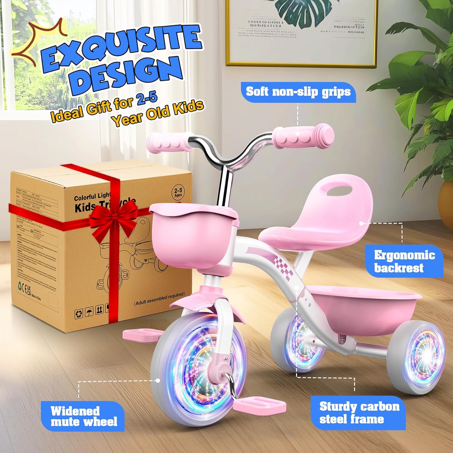 Thumbnail 4 de HappyGoLucky Pink 3-Wheel Tricycle with Lighting Wheels, Adjustable Seat (for ages 2–5)