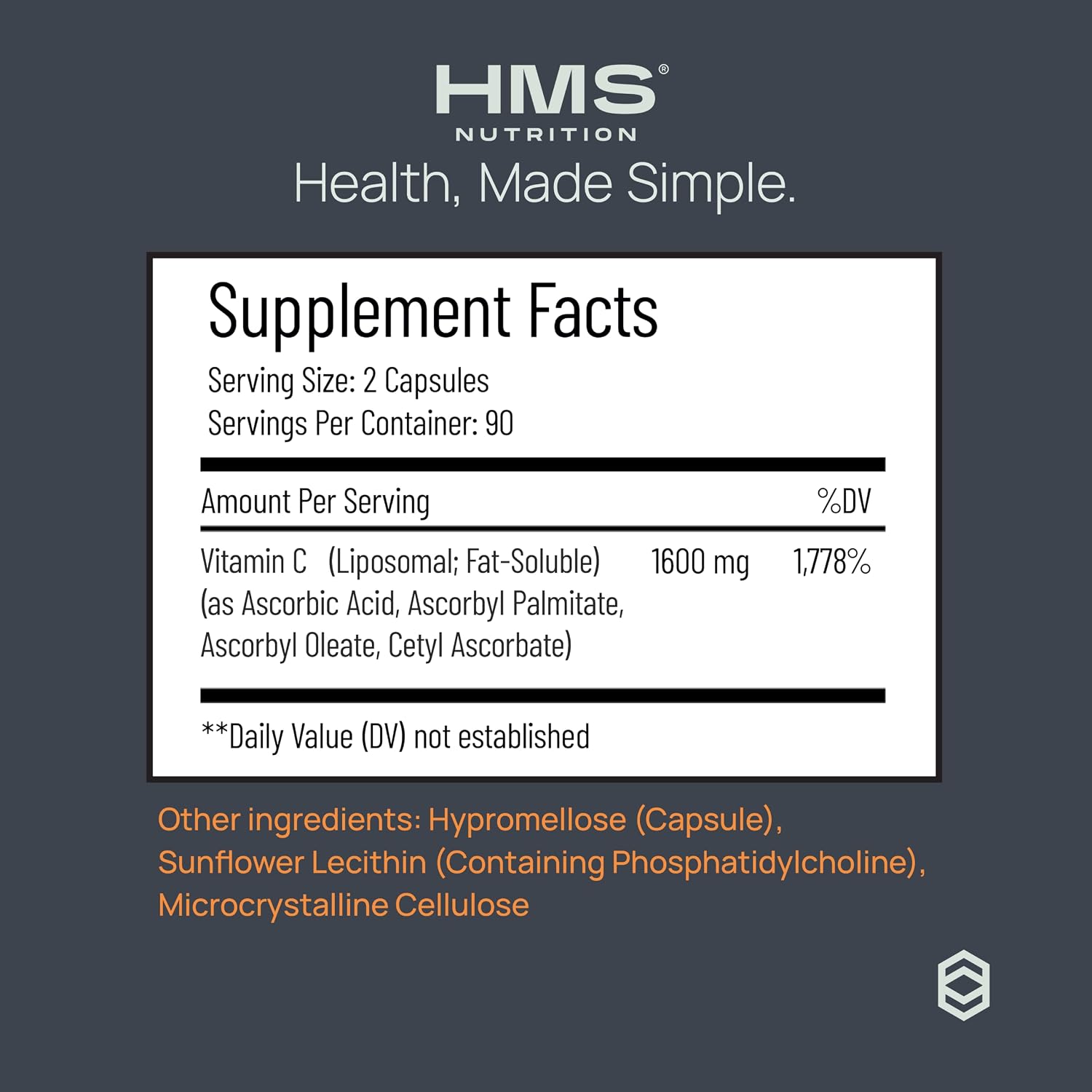 Detalle de HMS Nutrition Vitamin C Capsules 1600 mg