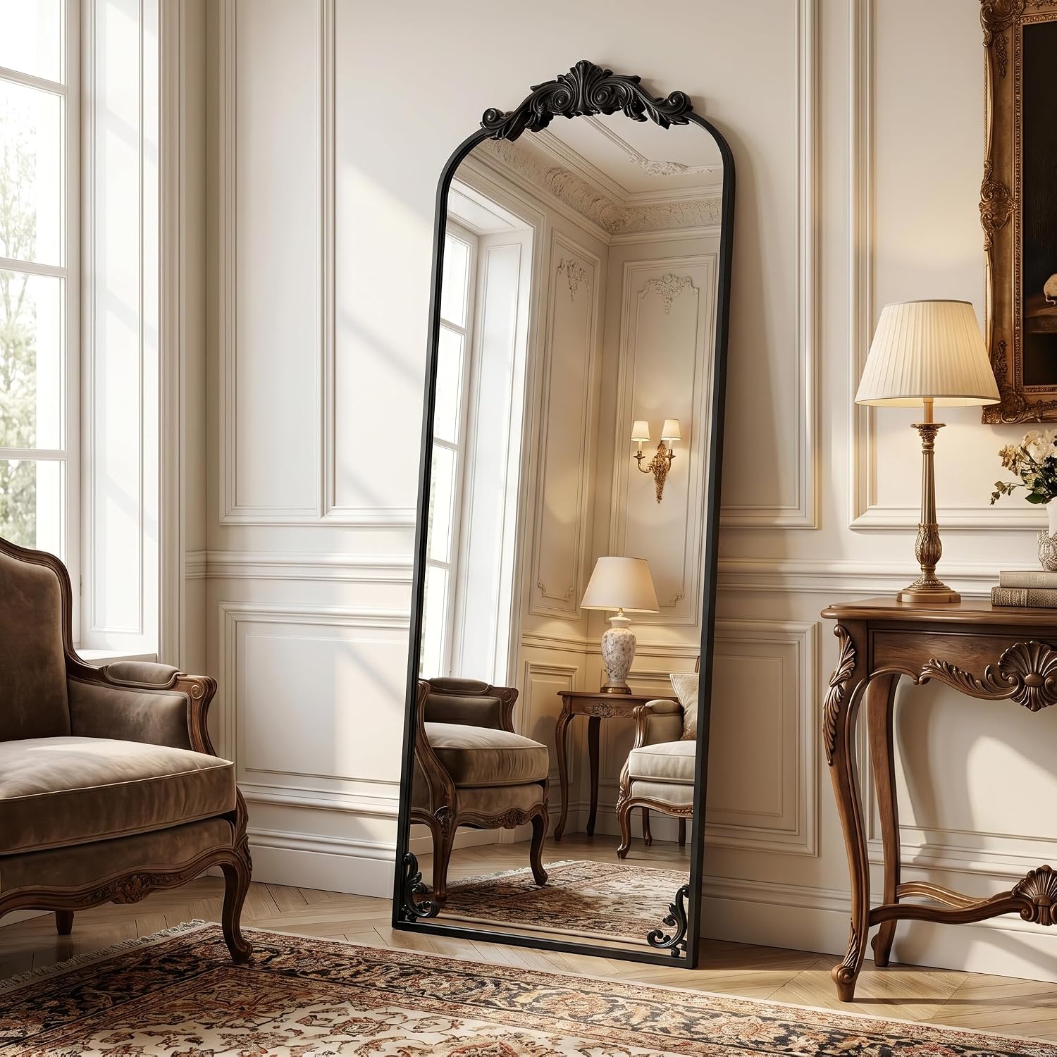 Detalle de HARRITPURE Vintage Arched Full-Length Mirror, 64" x 21", Black Aluminum Frame