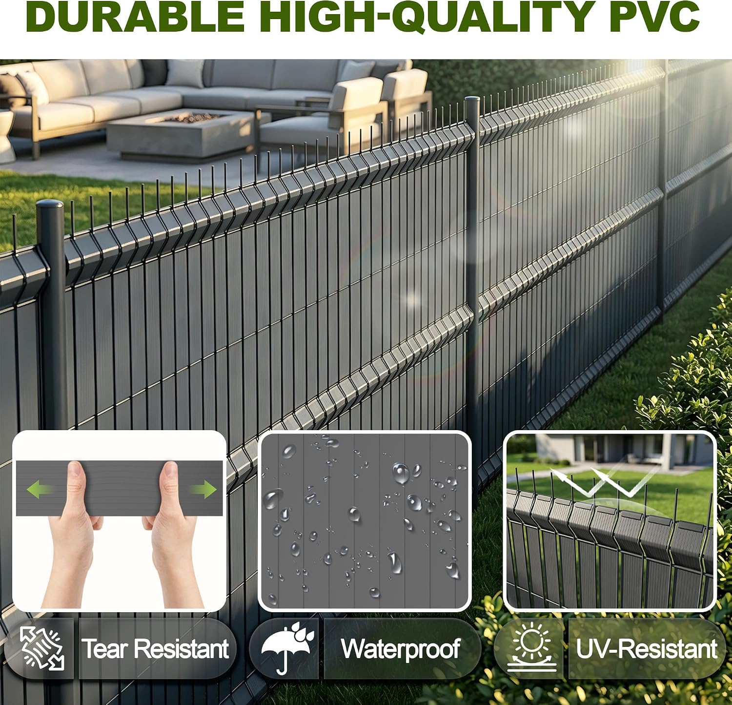 Detalle de UISEBRT 65 m PVC Privacy Fence Strips, 4.7 cm Wide, Grey, 120 Clips