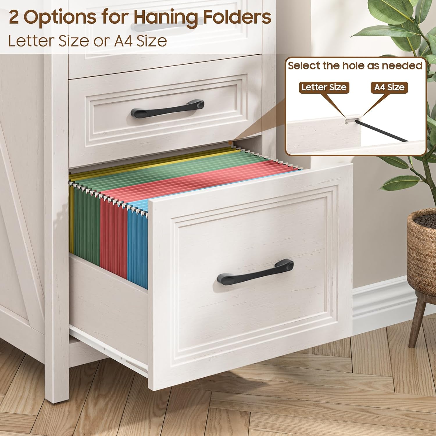 Detalle de Vabches DA0882HB01A 3-Drawer File Cabinet, White and Black Farmhouse Style