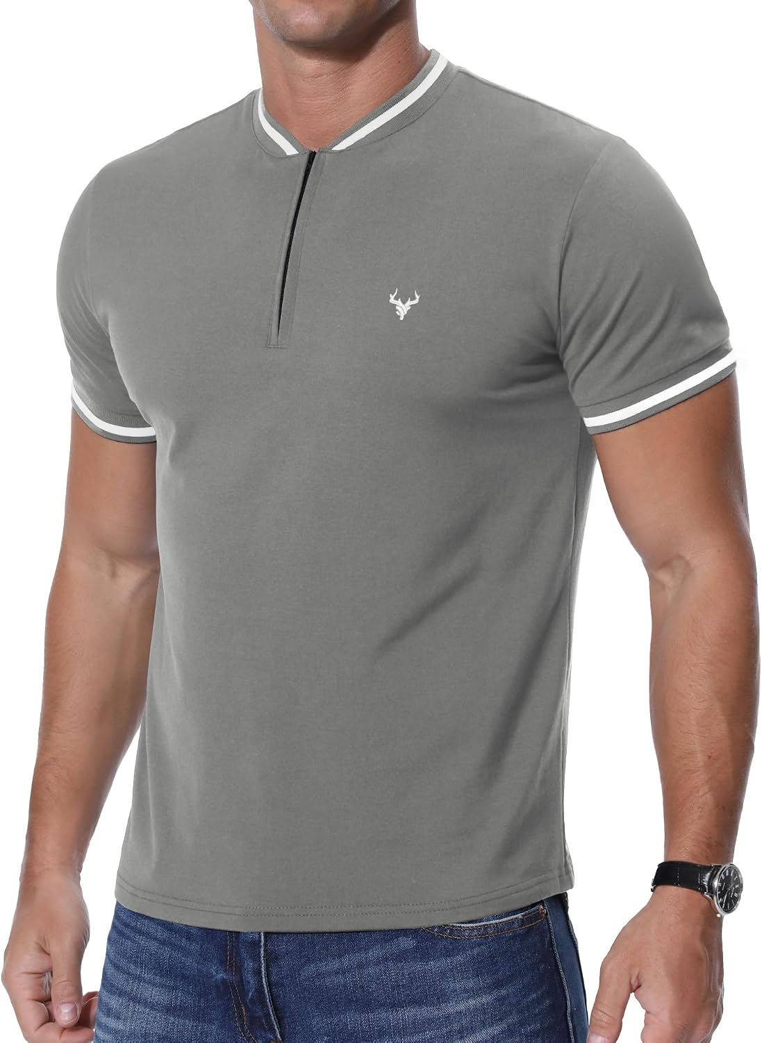 Detalle de KUYIGO Mens Zip Henley T-Shirt Deer Head Embroidery – Regular Slim Fit