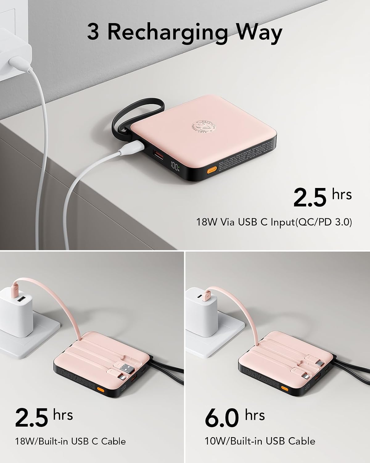 Thumbnail 3 de VRURC Power Bank mit Kabel 10000mAh Rosa
