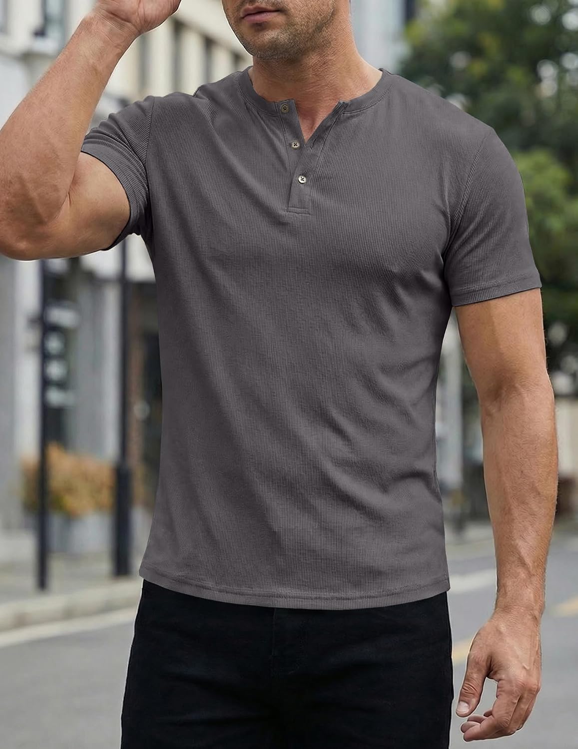 Detalle 2 de JMIERR Men’s Muscle Slim Henley T-Shirt (Crewneck Longline) with Button Placket