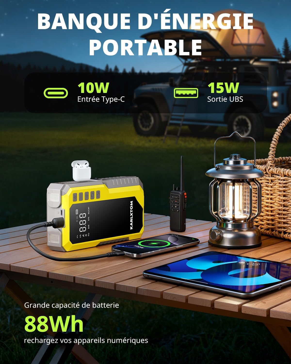 Thumbnail 3 de Karlxtom Booster Batterie Voiture 12V avec gonfleur 190 PSI, écran LCD et lampe LED 500 lm