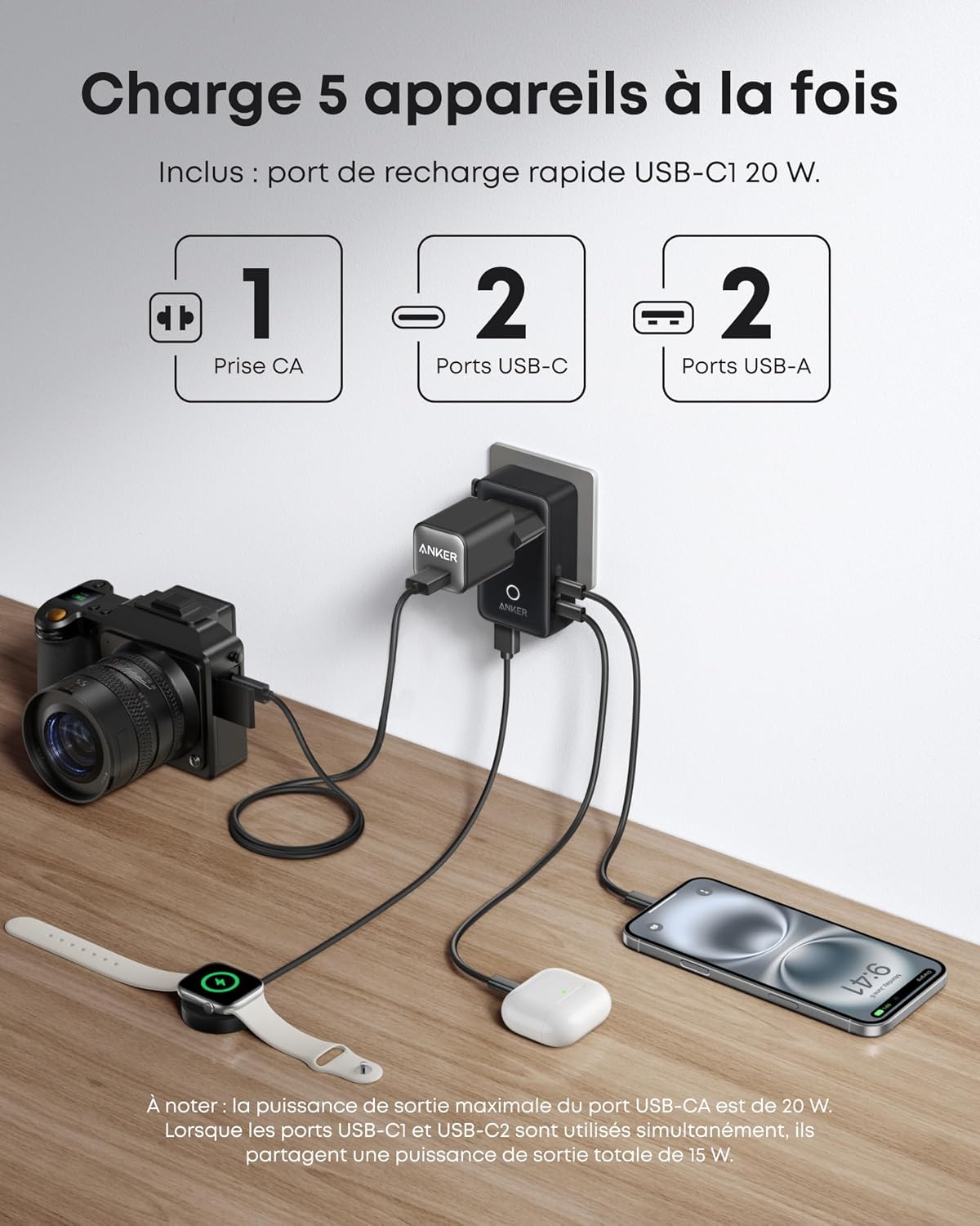 Detalle de Anker Nano Adaptateur Prise Universelle 5-en-1, parfait pour les voyages