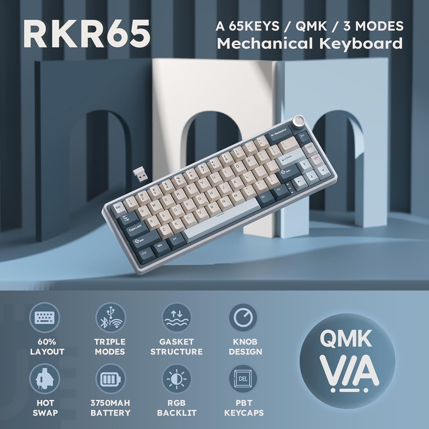 Thumbnail 1 de RK ROYAL KLUDGE R65 Wireless Mechanical Keyboard with Volume Knob — Tri-Mode 60% Layout