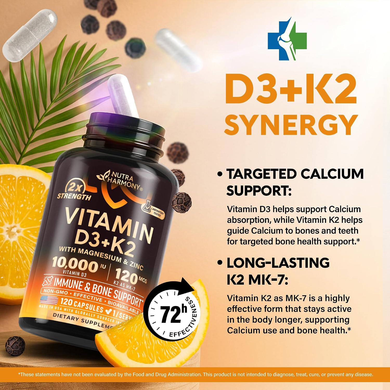 Detalle 2 de NUTRAHARMONY NH-VITD3K2CPS120 Vitamin D3 K2 Capsules, 10,000 IU D3