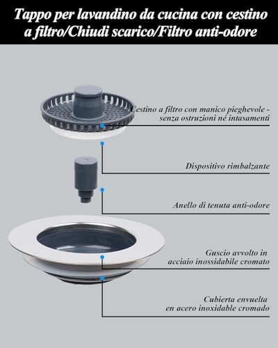 Detalle de Hibbent Setaccio e Tappo Combo per Lavello da Cucina 3-in-1 in Acciaio Inox – Anti-Intasamento