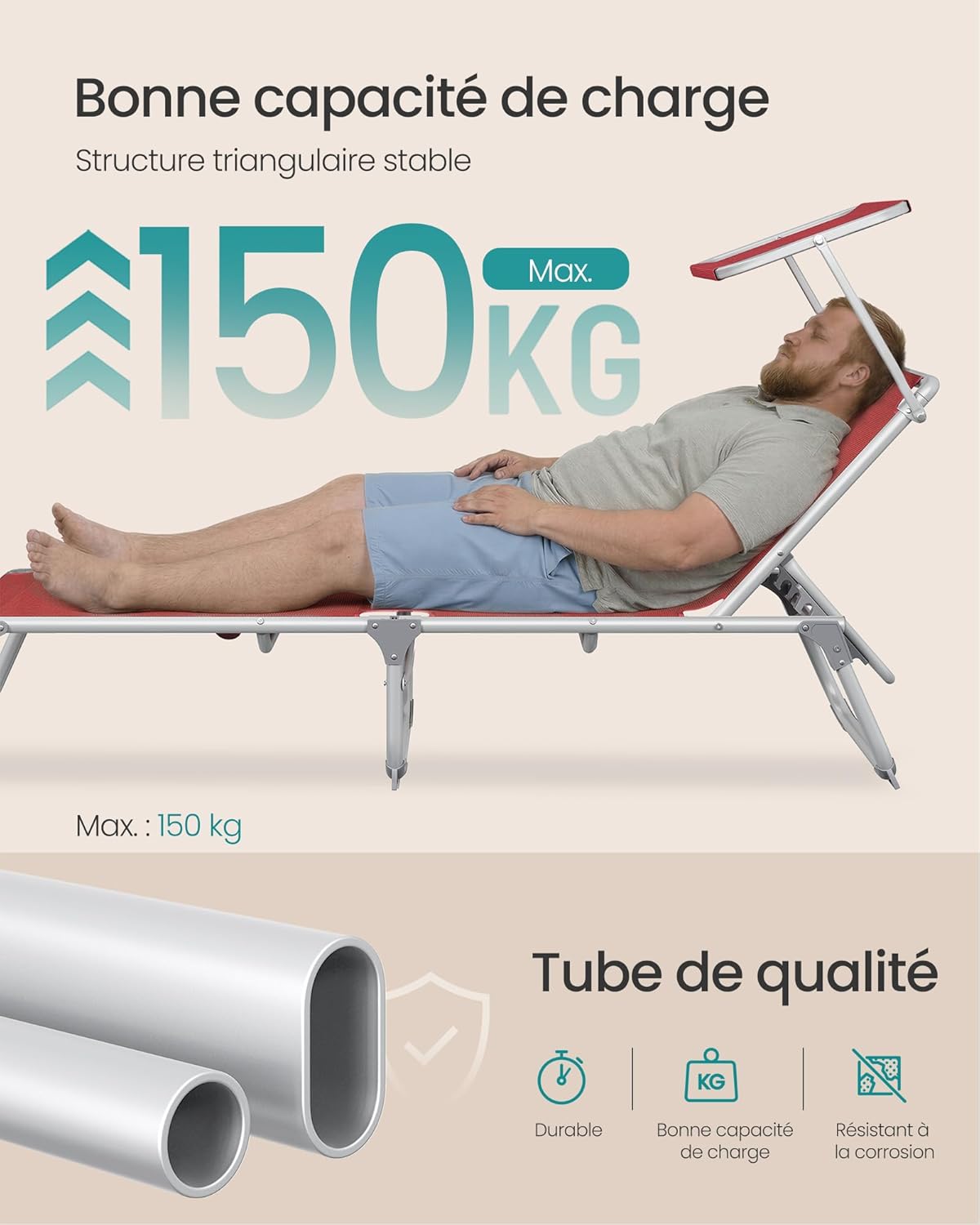 Thumbnail 6 de SONGMICS Bain de Soleil pliable GCB19RD : transat rouge avec pare-soleil et dossier inclinable