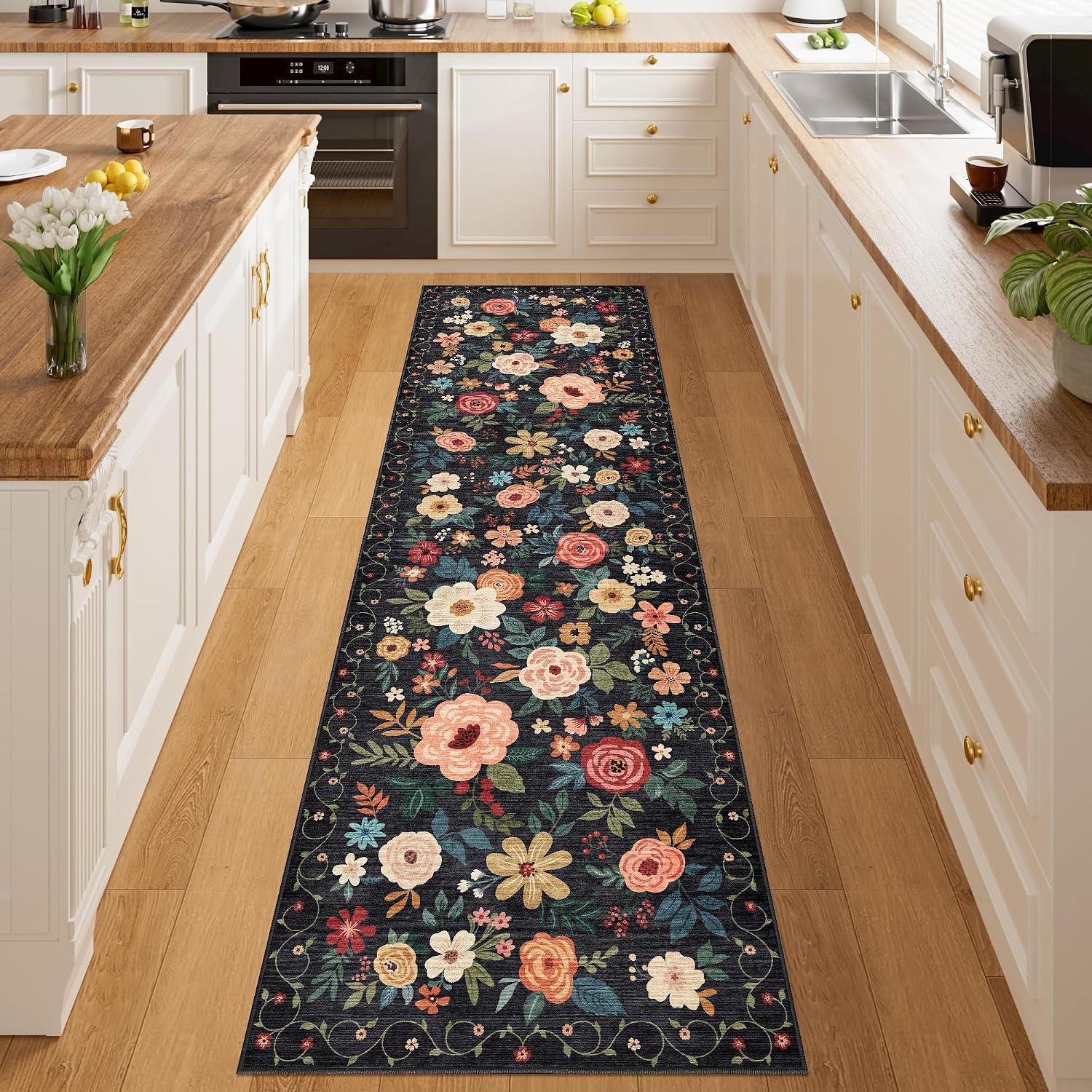Thumbnail 6 de DUKINO Runner Rug (2x10) with Non Slip TPR Backing, Washable Low Pile Boho Floral for Kitchen & Entryway