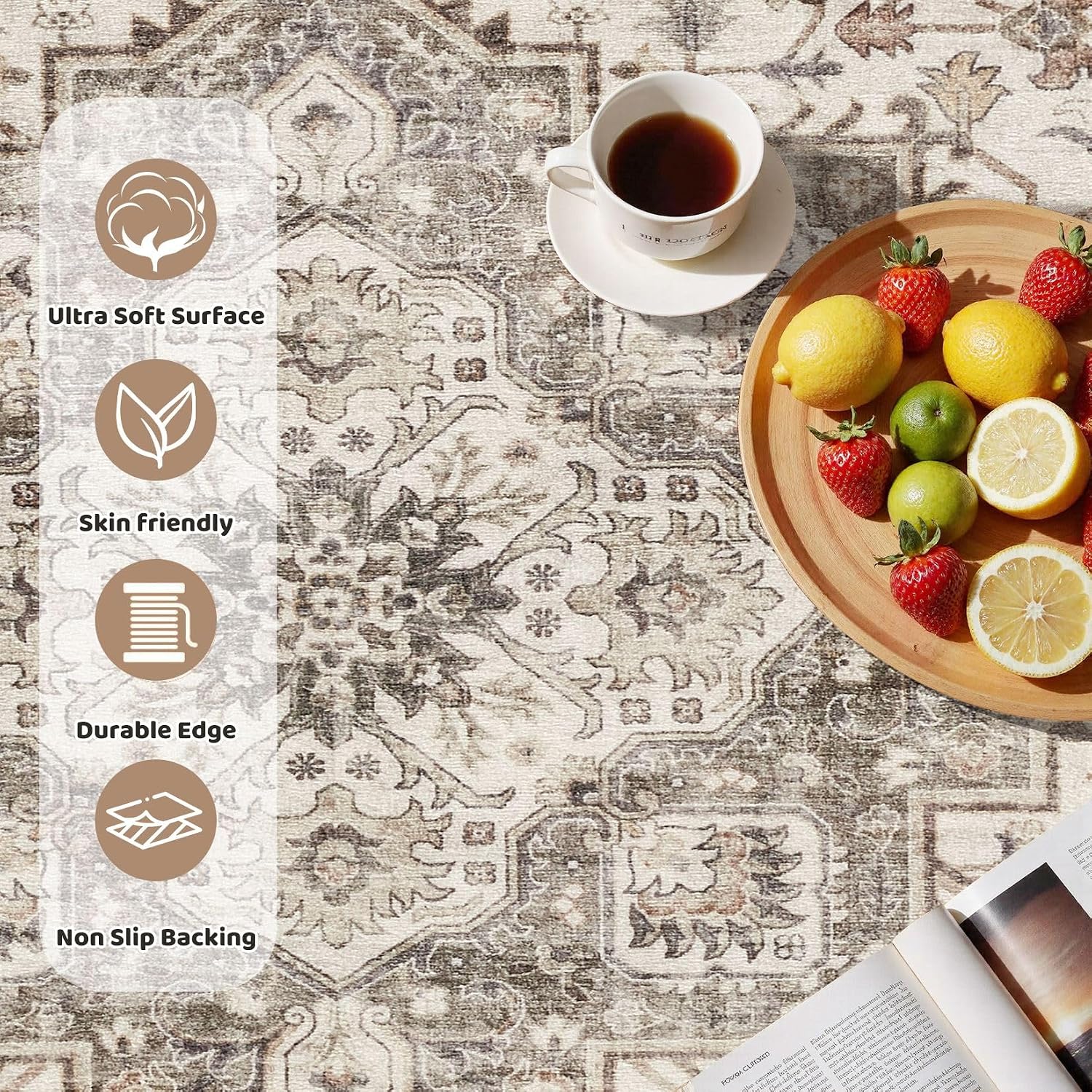 Detalle de cotiled 5ft Round Area Rug, Light Brown Traditional Distressed Design