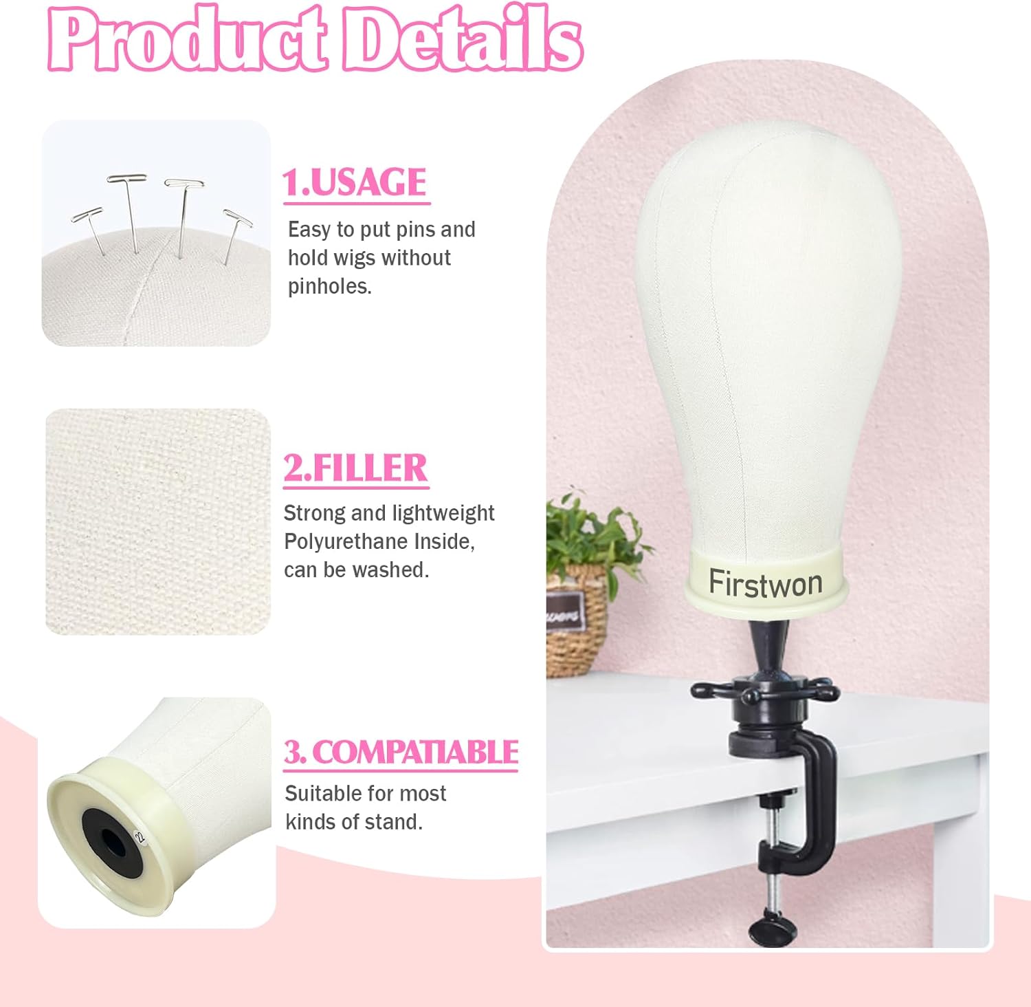 Detalle de Firstwon 22 Inch Wig Head with Tripod Stand — Canvas Mannequin Head for Wigs and Hair Styling Practice