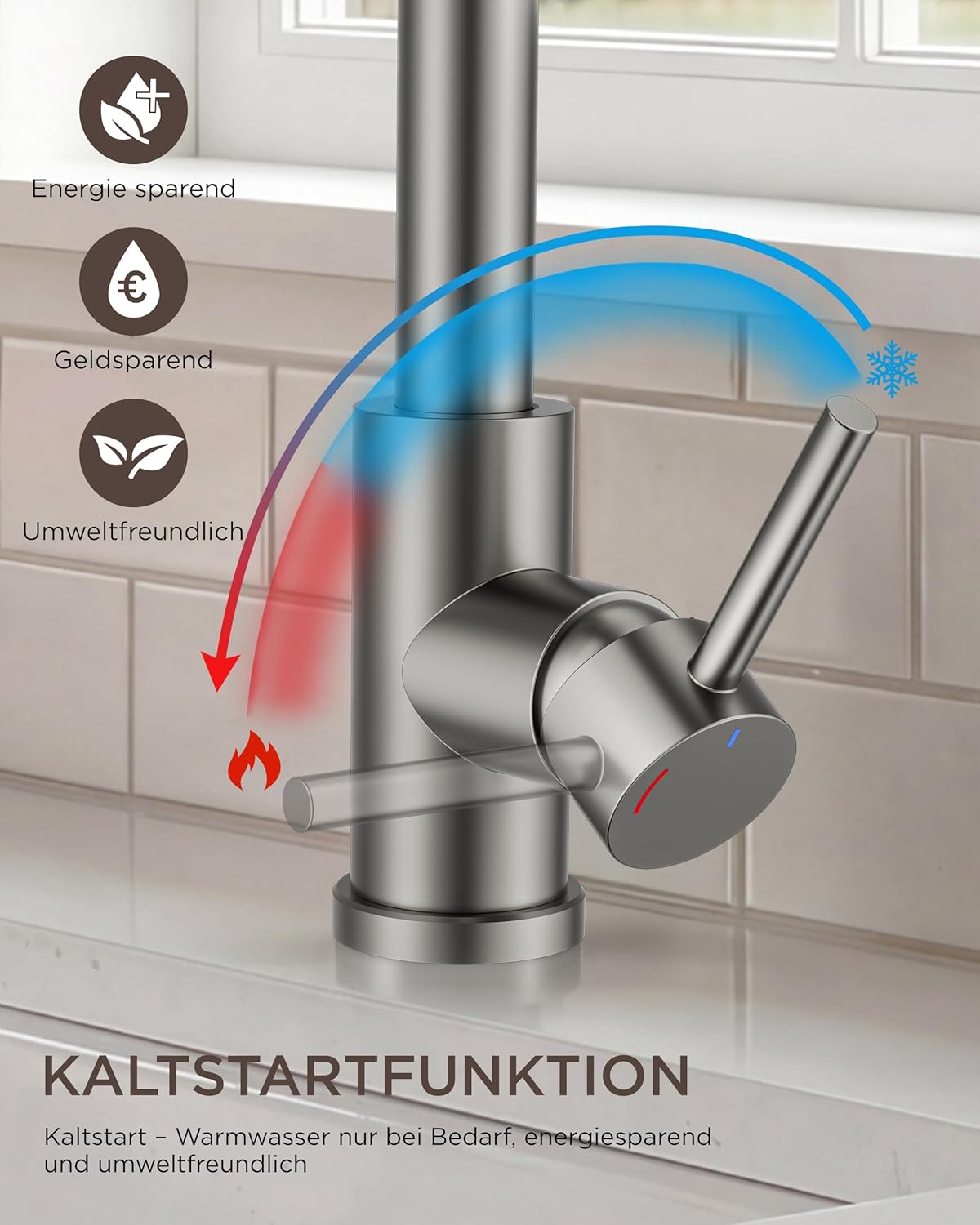 Thumbnail 6 de FORIOUS Küchenarmatur Niederdruck mit herausziehbarer Brause – Edelstahl 304, 360° Schwenkbar, 3 Anschlüsse, ABS Sprühkopf, G3/8