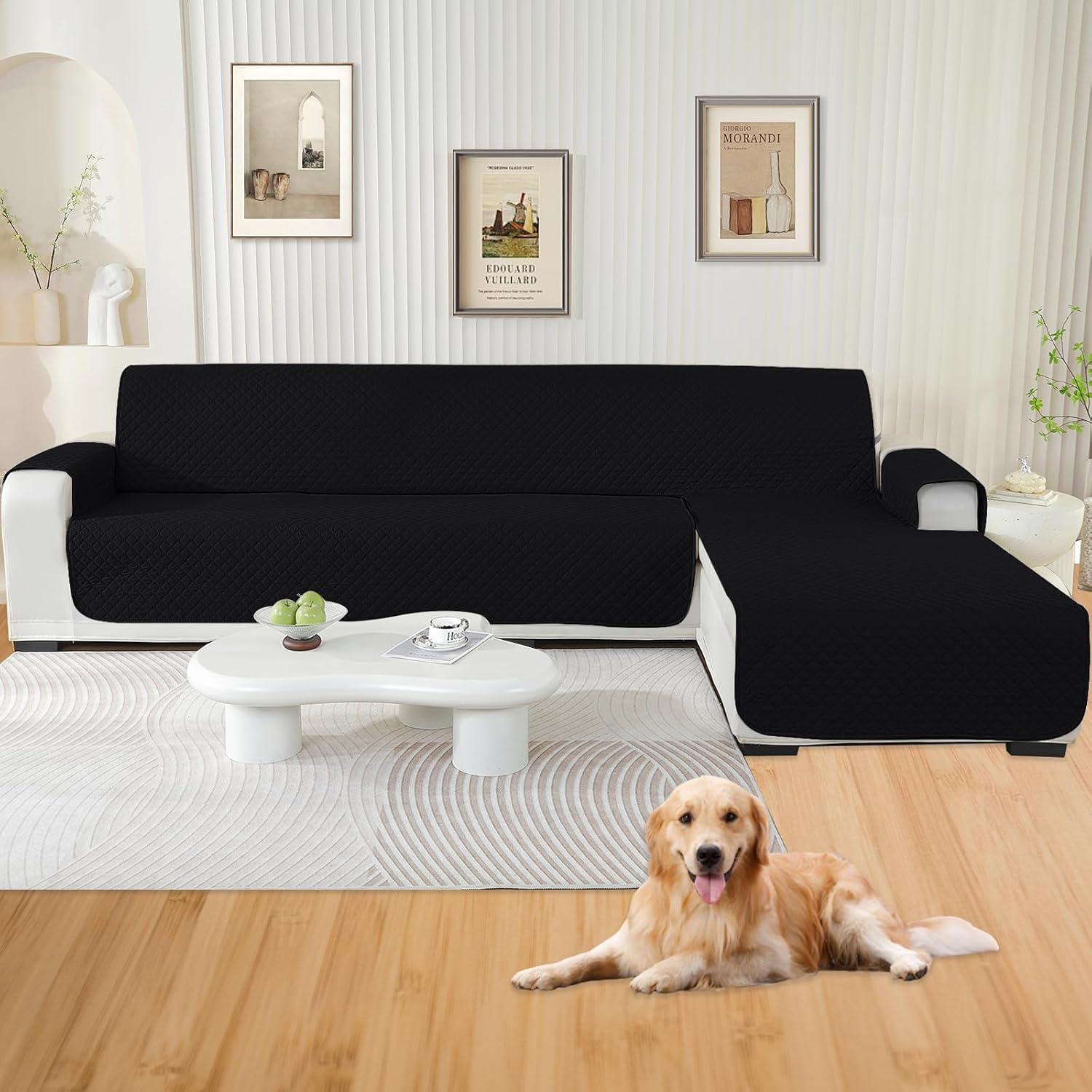 Detalle de YSTELLAA Copridivano impermeabile per chaise longue angolare reversibile (2 posti con penisola, L 210 cm) nero