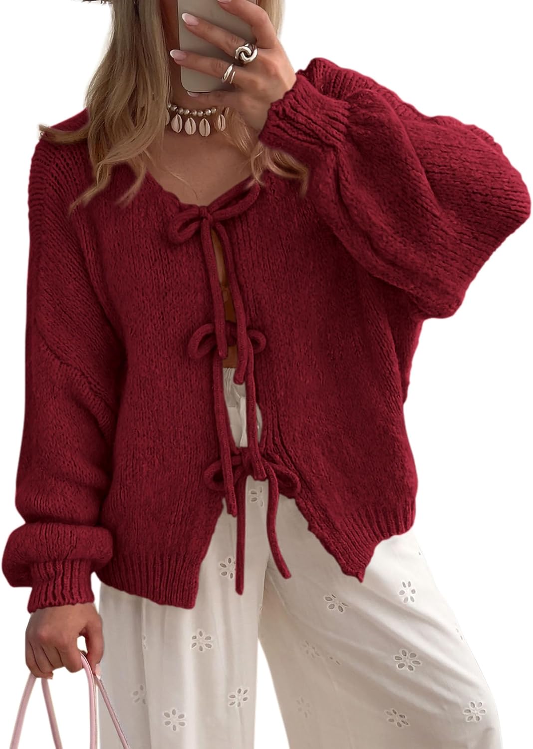 Detalle de PRETTYGARDEN Tie Front Bow Cardigan S