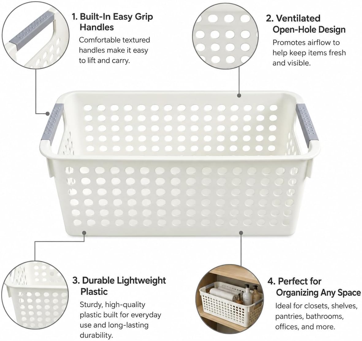 Detalle 2 de Basicwise QI003238 Set of 6 Plastic Storage Baskets, Ivory, 12" x 5" x 5