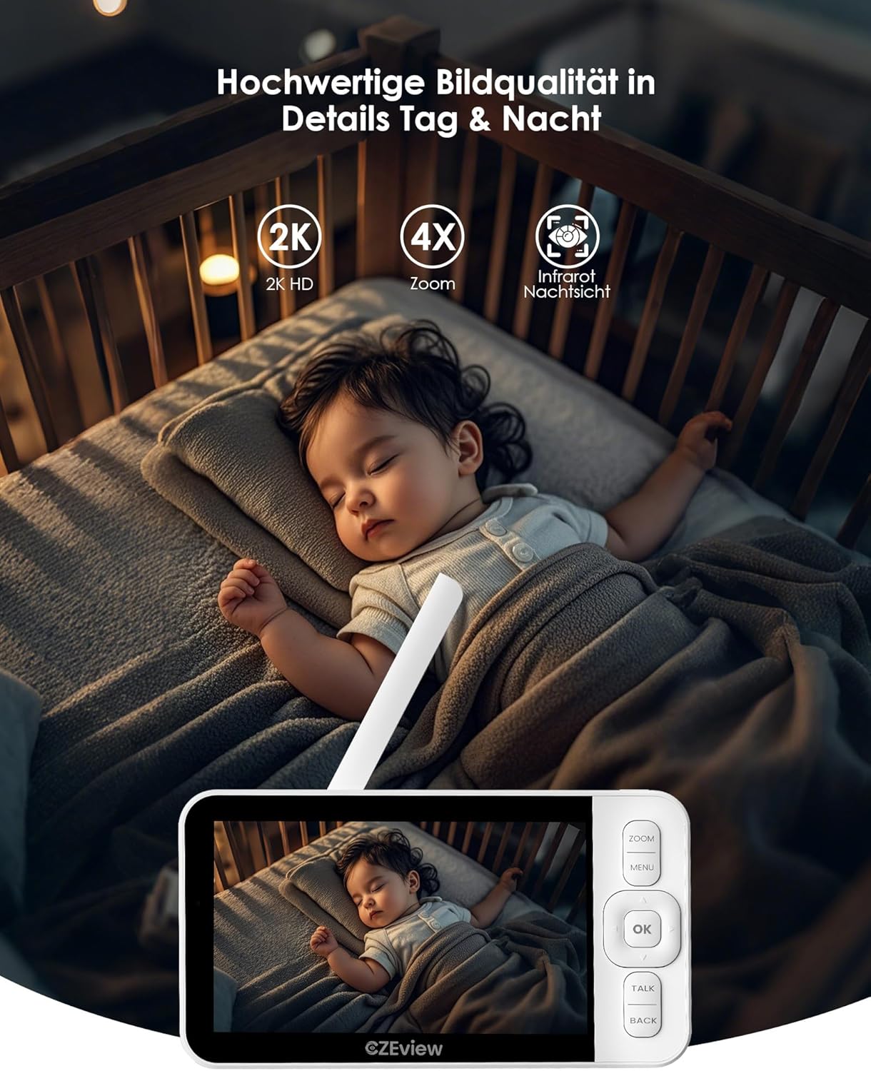 Detalle 2 de CZEview Babyphone mit Kamera 2K 5,0 Zoll mit App