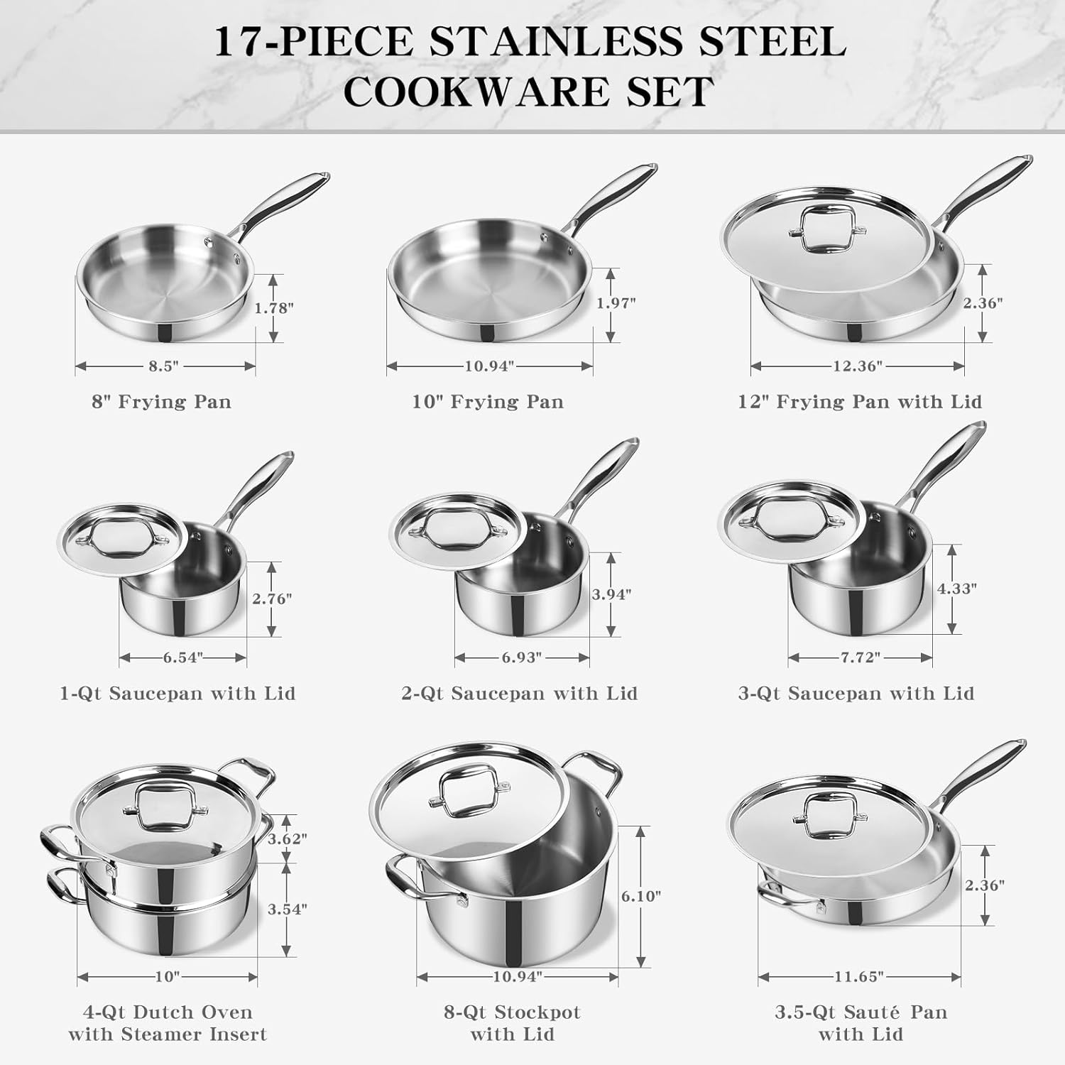 Thumbnail 2 de EWFEN 17-Piece 3-Ply Stainless Steel Cookware Set