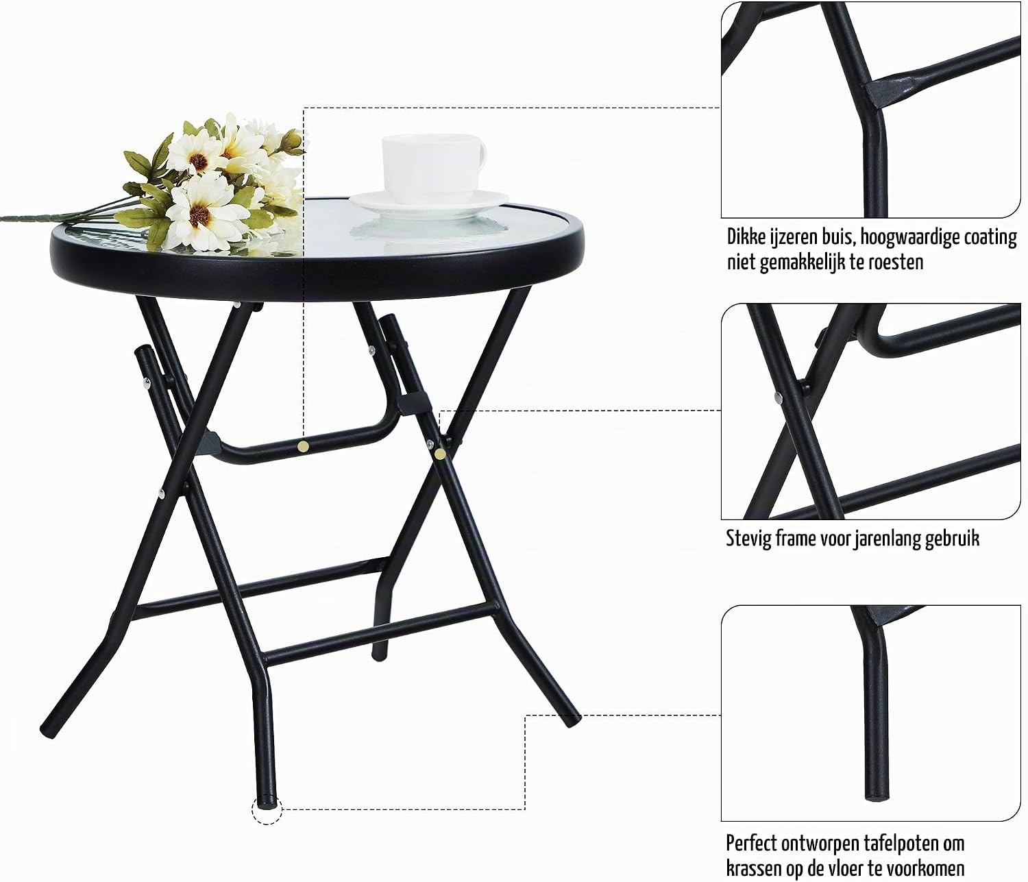 Detalle 1 de PHI VILLA inklapbare ronde bijzettafel met blad van gehard glas, 46 cm