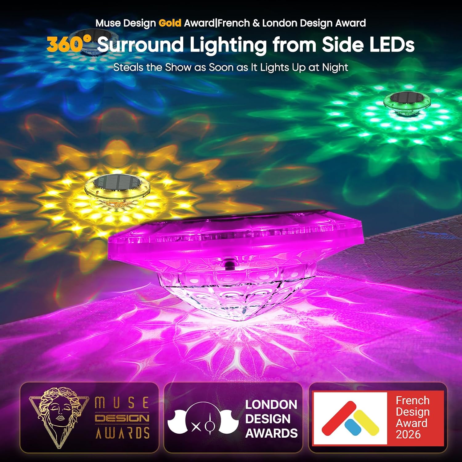 Detalle de Quntis Lampe Flottante Piscine Solaire 15 cm avec Télécommande – Lot de 2, IP68, 12 Modes RGB