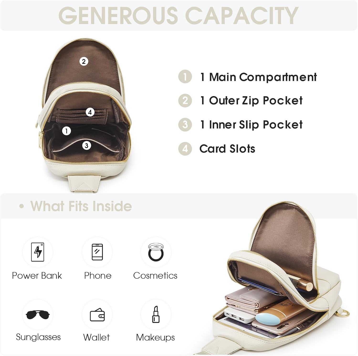 Detalle de Kattee Leather Sling Bag for Women: Multi-Compartment Crossbody with RFID Back Pocket