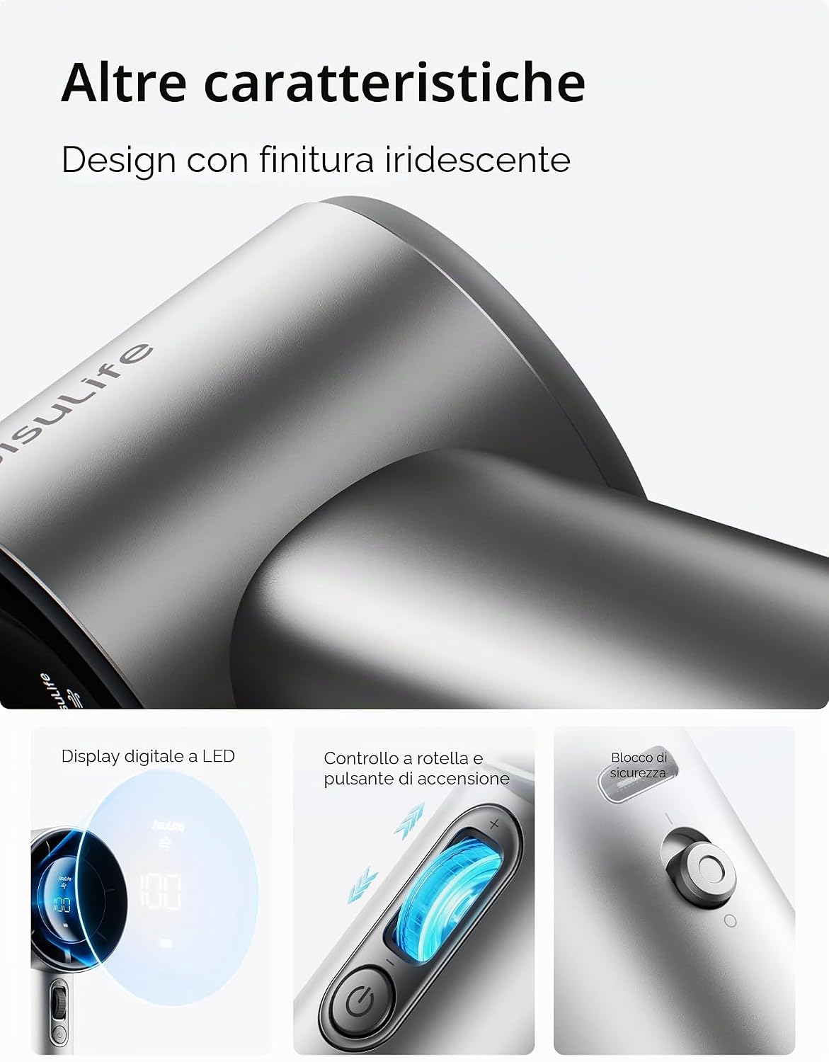 Detalle de JISULIFE Ventilatore Portatile a Mano FA53 — Mini Turbo con Display, 5000 mAh, velocità 1–100 e corpo in metallo