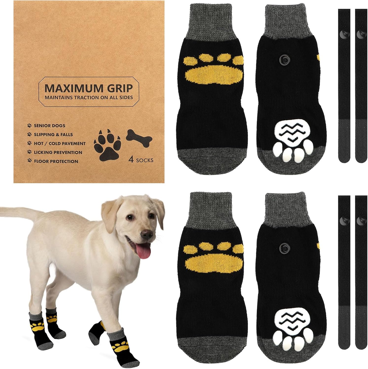 Detalle de 2 Pairs Anti Slip Dog Socks Paws Stop Licking – Large (L) Dog Paw Protectors with Adjustable Straps