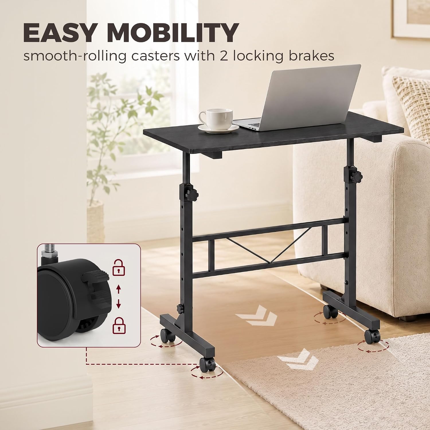 Detalle 1 de HOMCOM 838-634V00BK Overbed Table, Adjustable Height, Wheeled, 80 x 40 cm