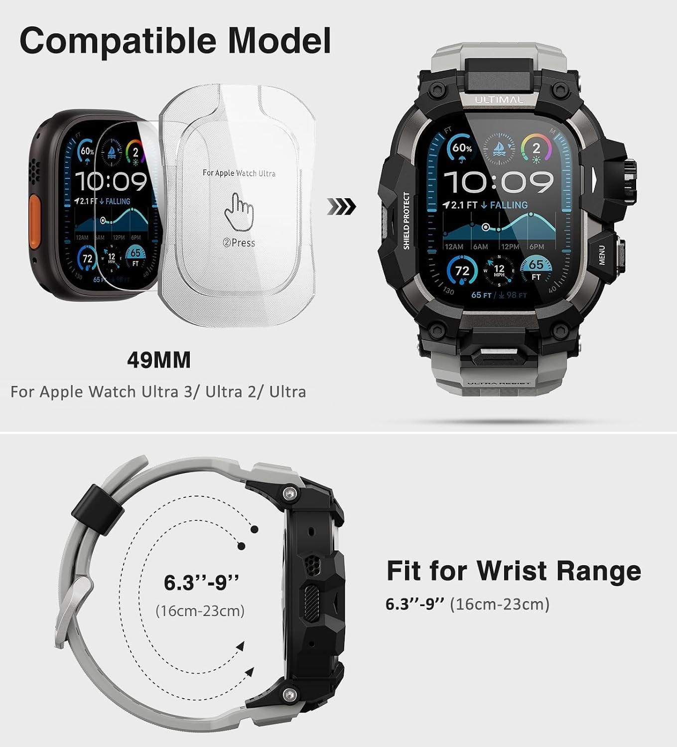 Thumbnail 3 de ULTIMAL Rugged Case with Band for Apple Watch Ultra 3 / Ultra 2 / Ultra (49mm) – Grey shockproof bumper cover