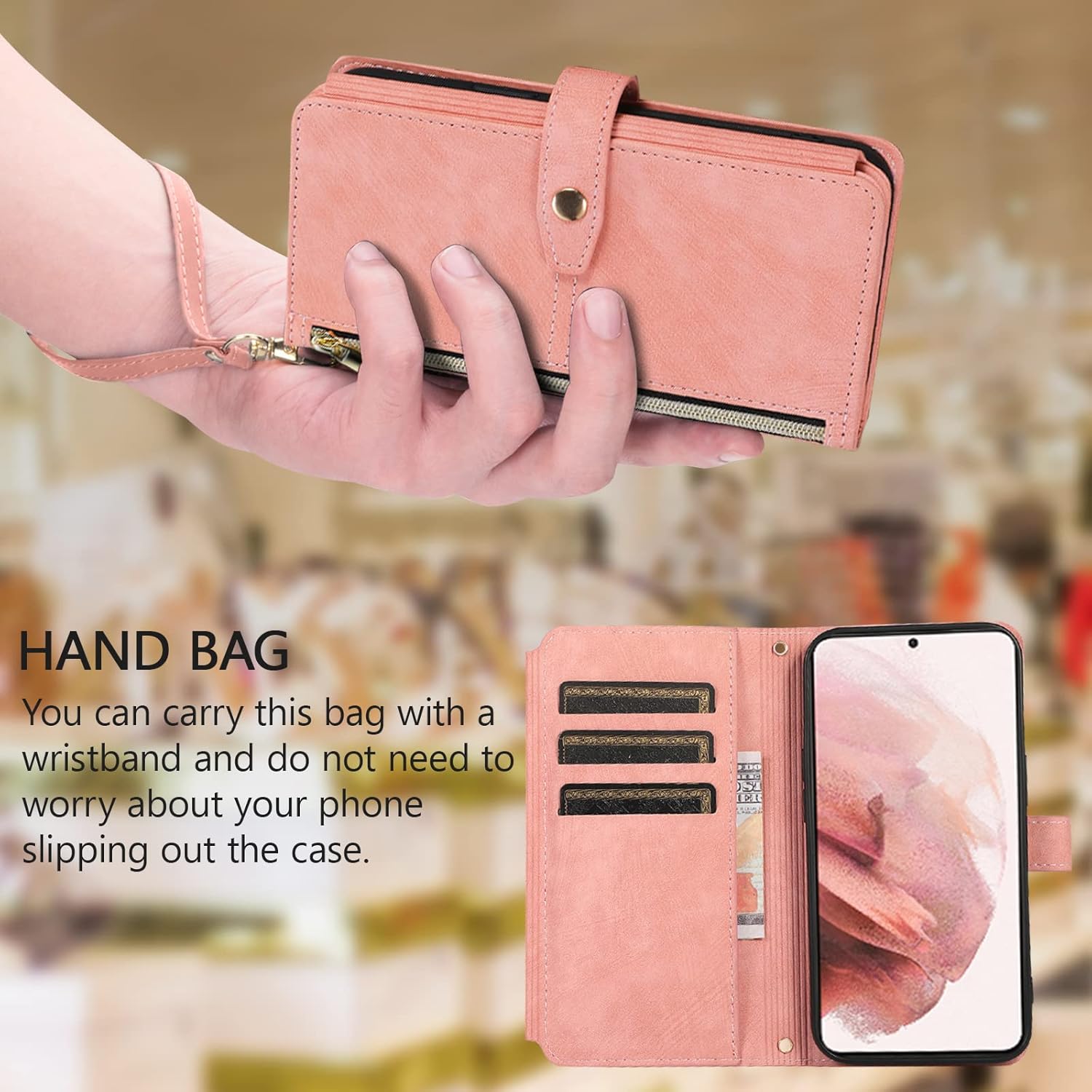 Detalle de UEEBAI Wallet-Hülle für Samsung Galaxy S23 Ultra – Vintage Retro Leder mit 9 Kartenfächern, Umhängegurt, Standfunktion und Reißverschluss in Rosa