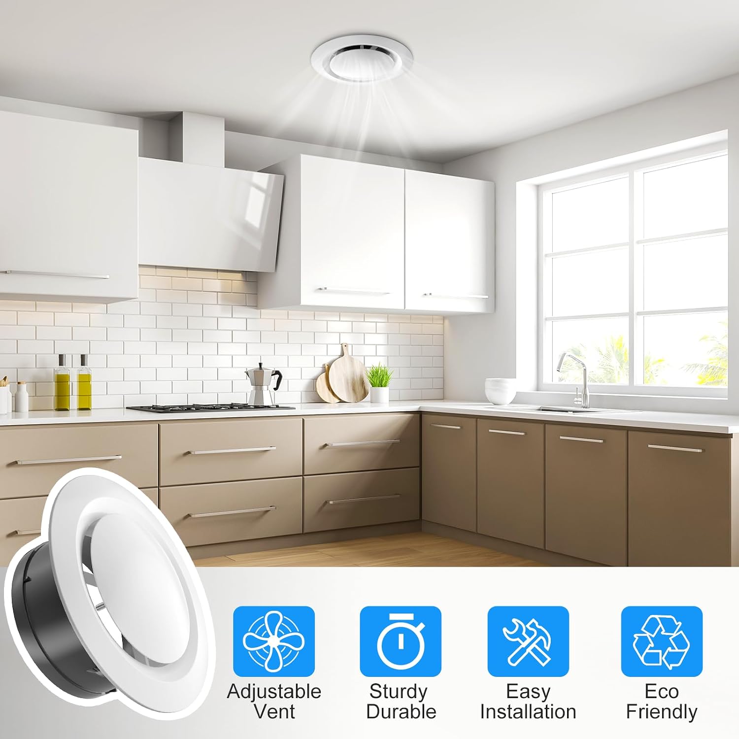 Detalle de Hon&Guan 5 Inch Adjustable Air Vent (125mm) – No Drilling, Round Ceiling/Wall Vent for Caravans and Homes