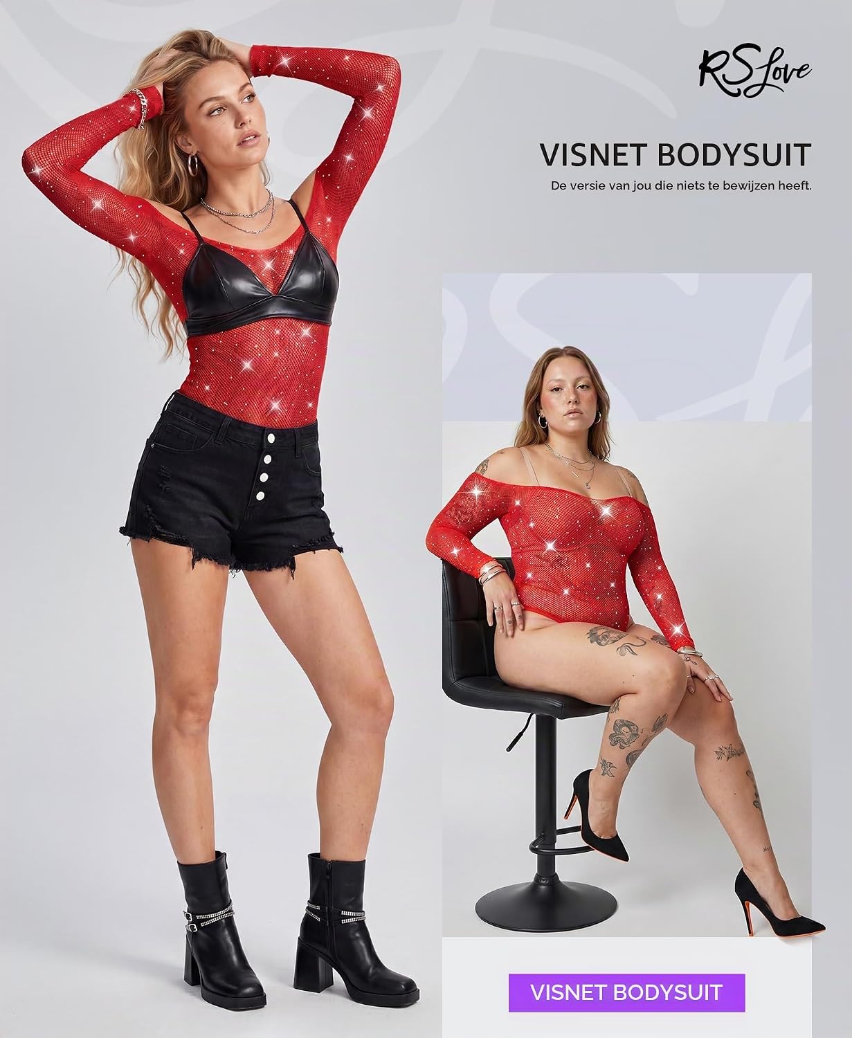 Detalle 2 de RSLOVE mesh bodysuit met lange mouwen, strass en stringbroekje
