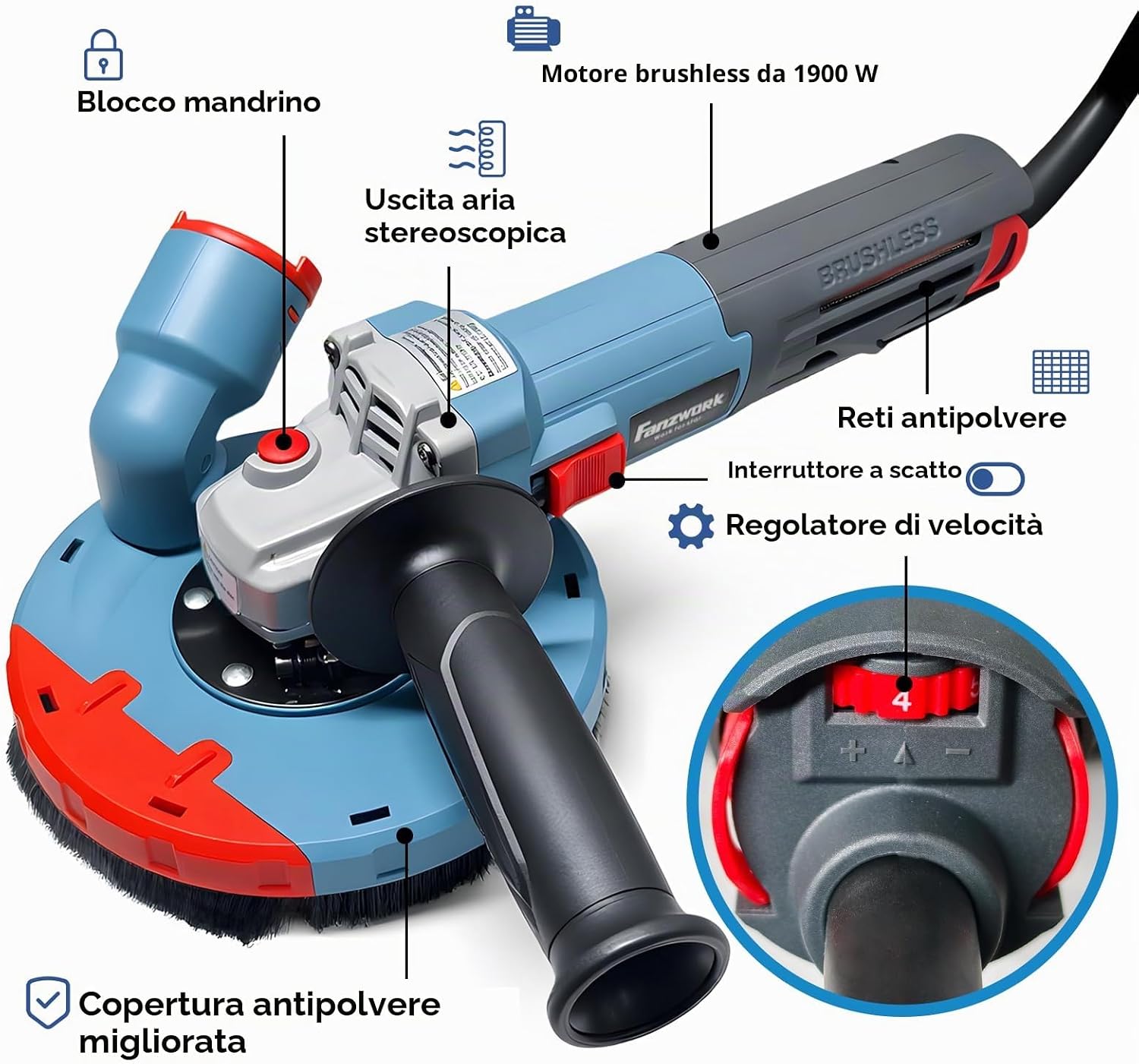 Thumbnail 4 de FANZWORK 1900W (MAX) Smerigliatrice per calcestruzzo con motore brushless EC – 125 mm, cuffia aspirazione e valigetta