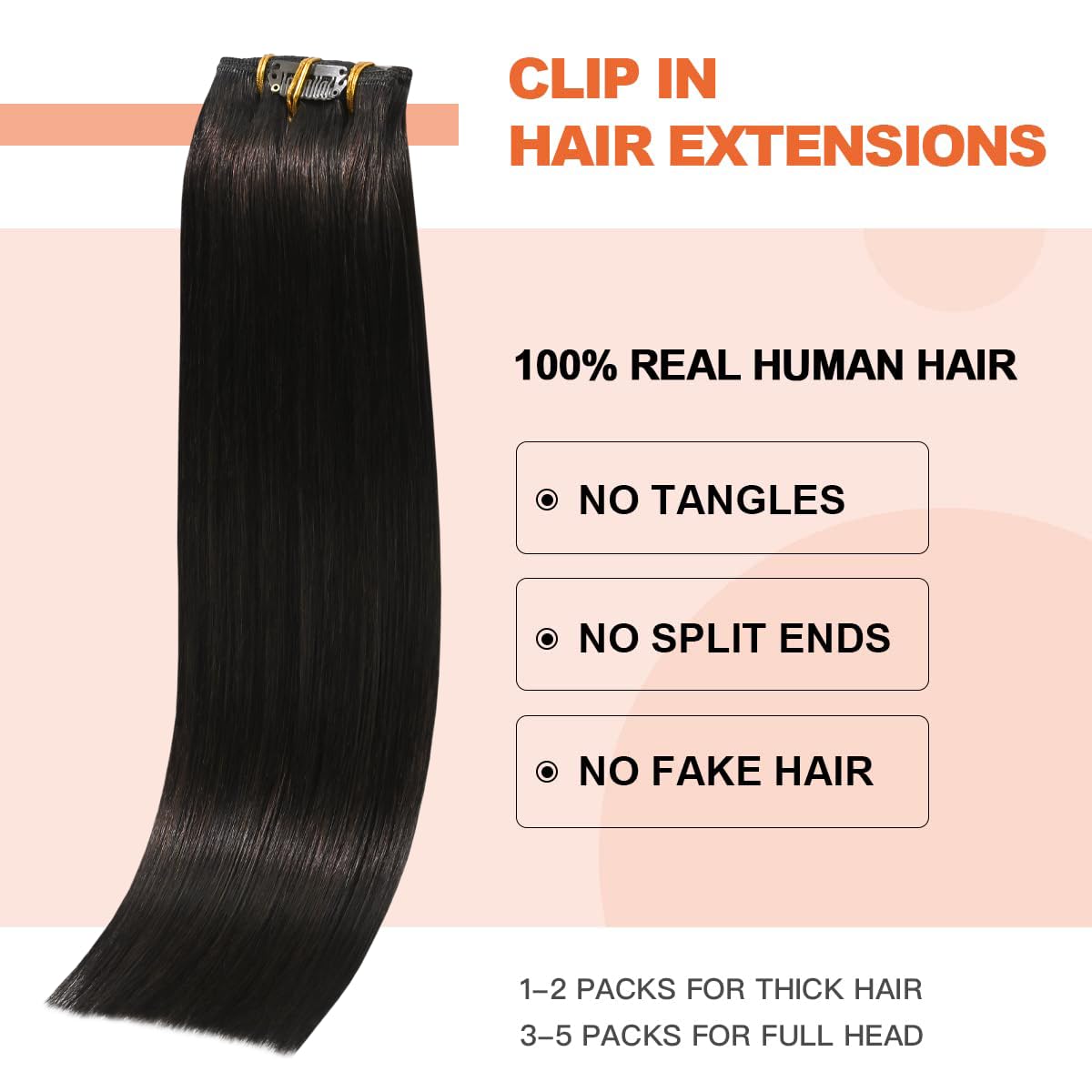 Detalle de UGOTRAYS Dark Brown Clip-in Hair Extensions (70g, 22 inches, 100% Remy Human Hair) — 7 Pieces / 16 Clips, #2