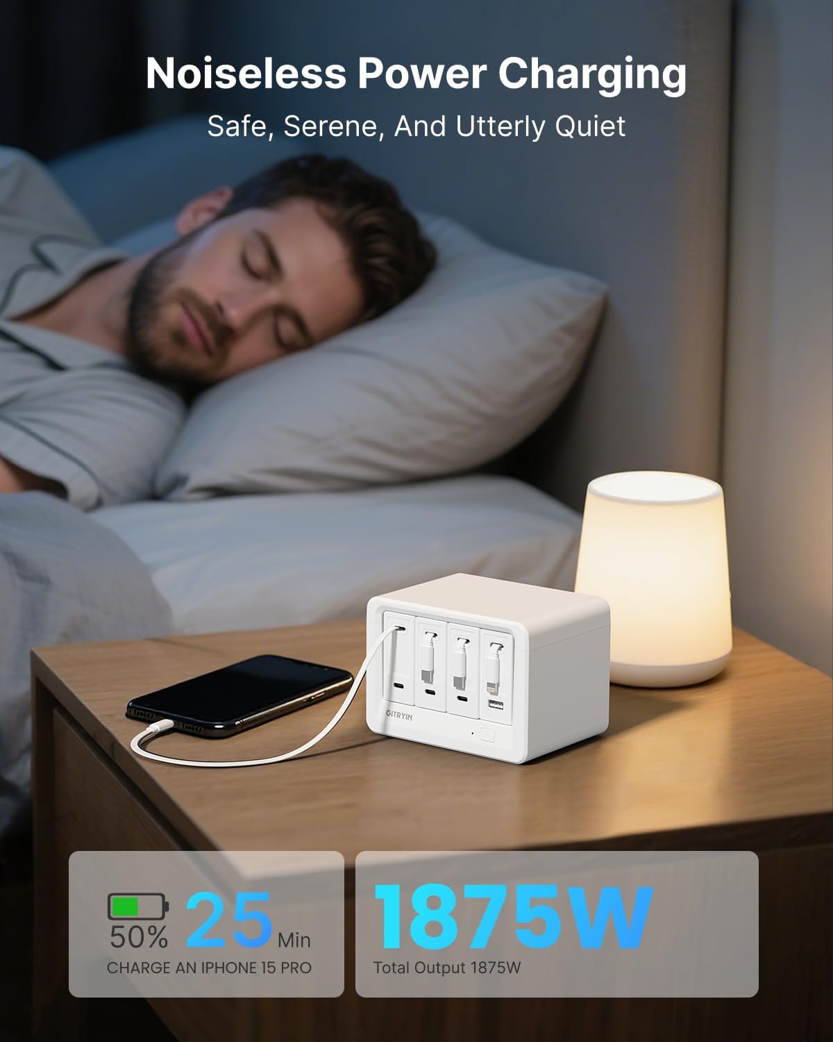 Detalle de Gitryin 12-in-1 Desktop Charging Station: 3 Retractable USB-C Chargers + Lightning, 160W Hub