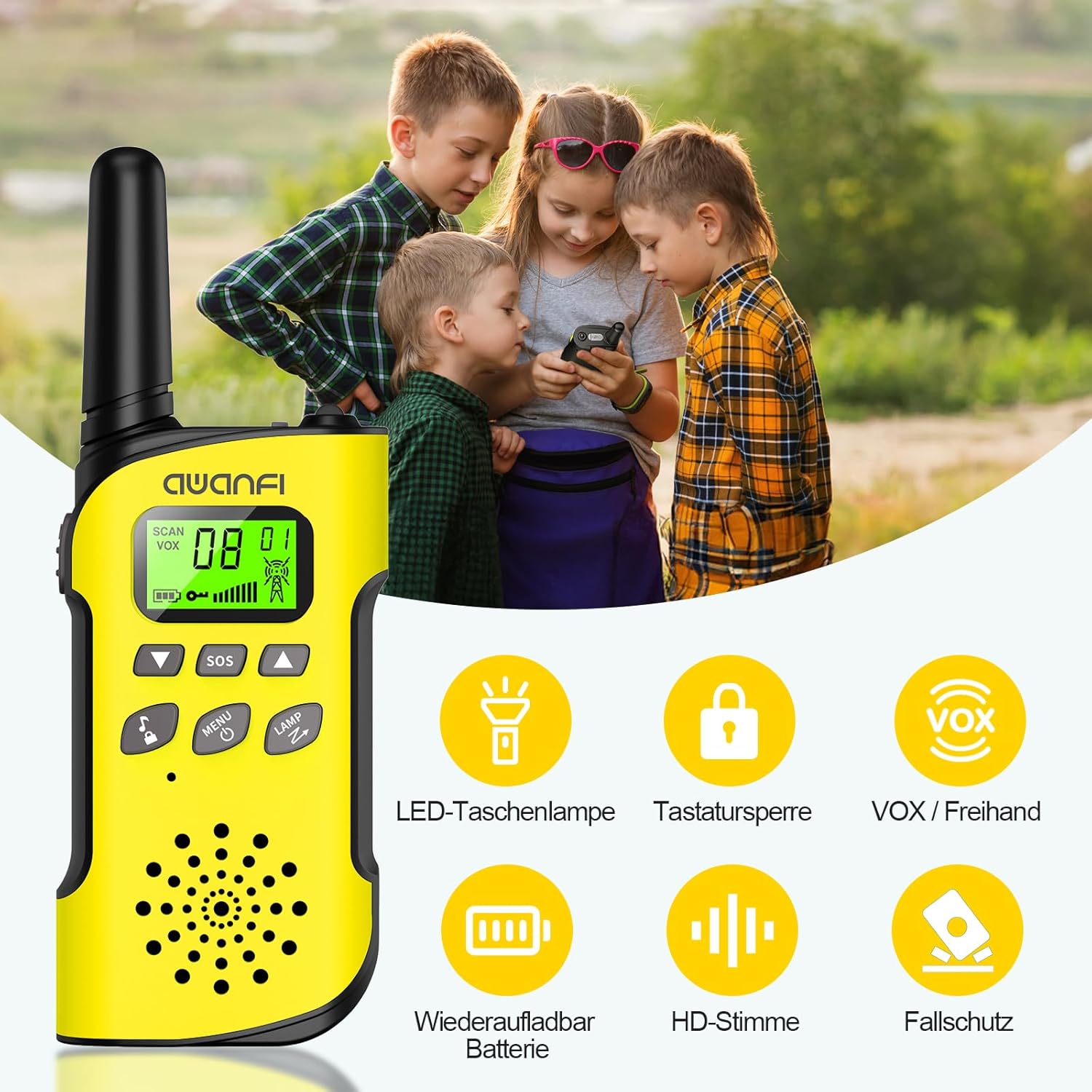 Detalle de AWANFI Kinders-Walkie-Talkie: Wiederaufladbar, sicher und praktisch für Outdoor-Abenteuer