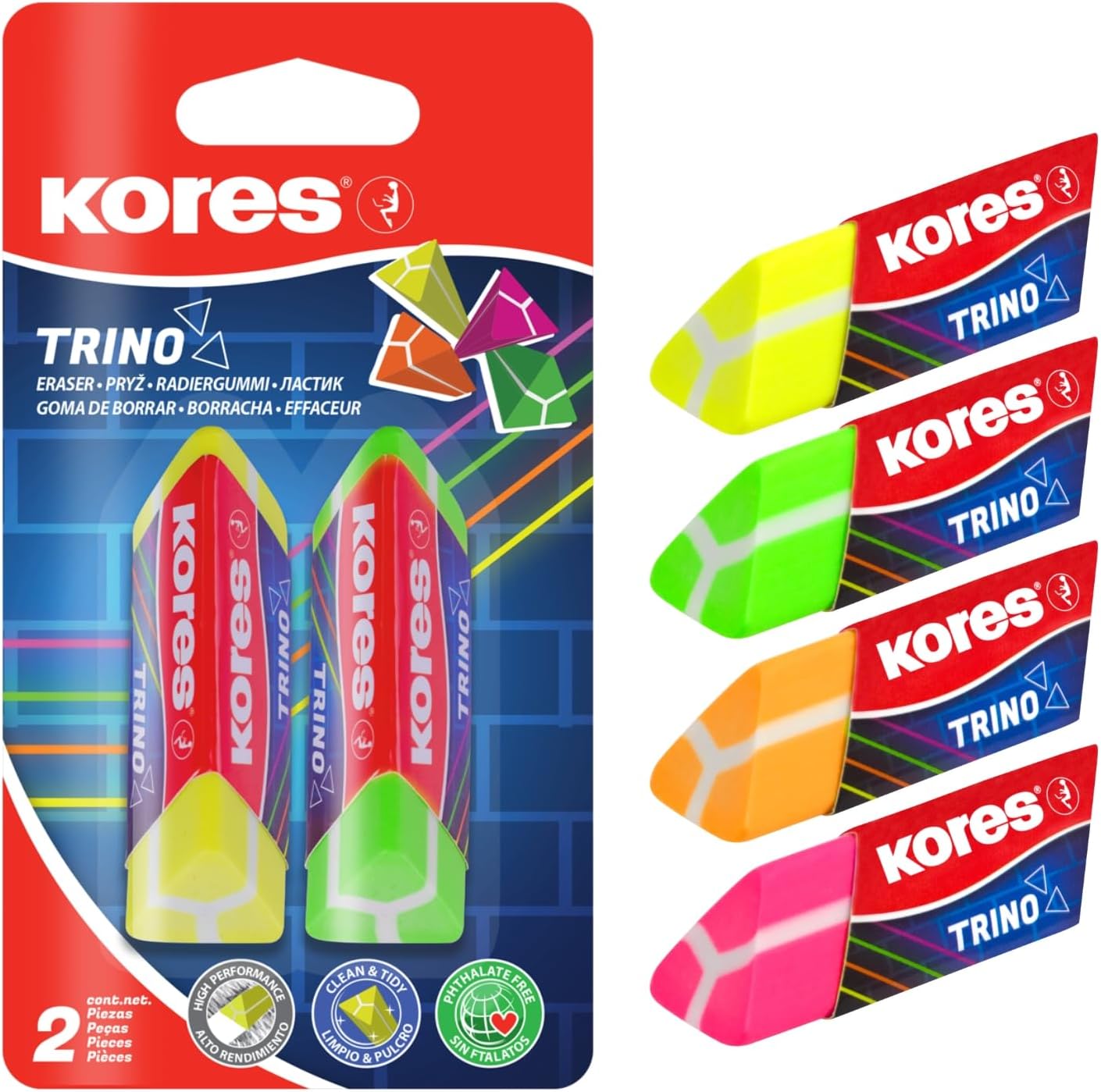 Detalle de Kores 40523 Trino driehoekige PVC-gom, neonkleuren, set van 2