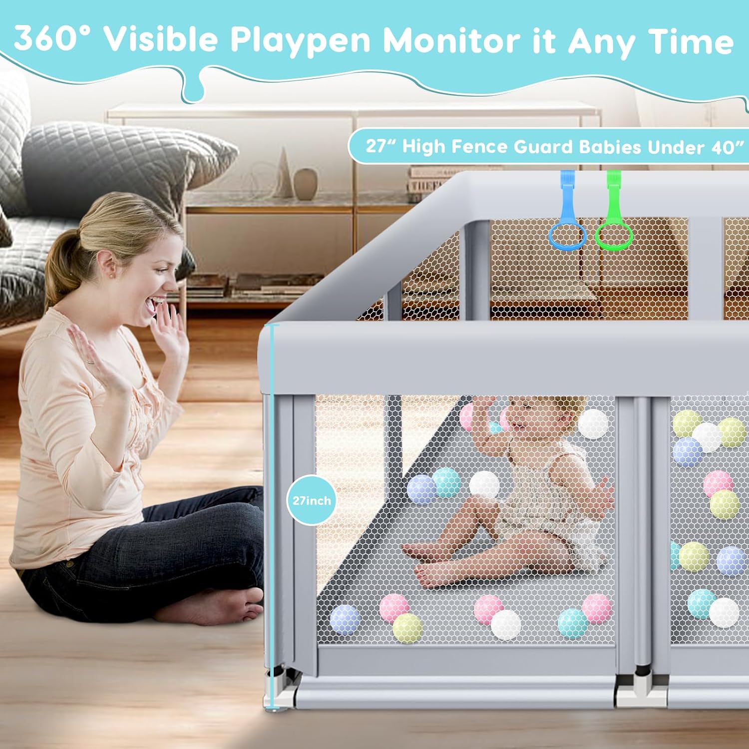 Detalle de Fshibila 74" x 50" x 27" Large Baby Playpen with Mesh, 18 Balls & 2 Handles