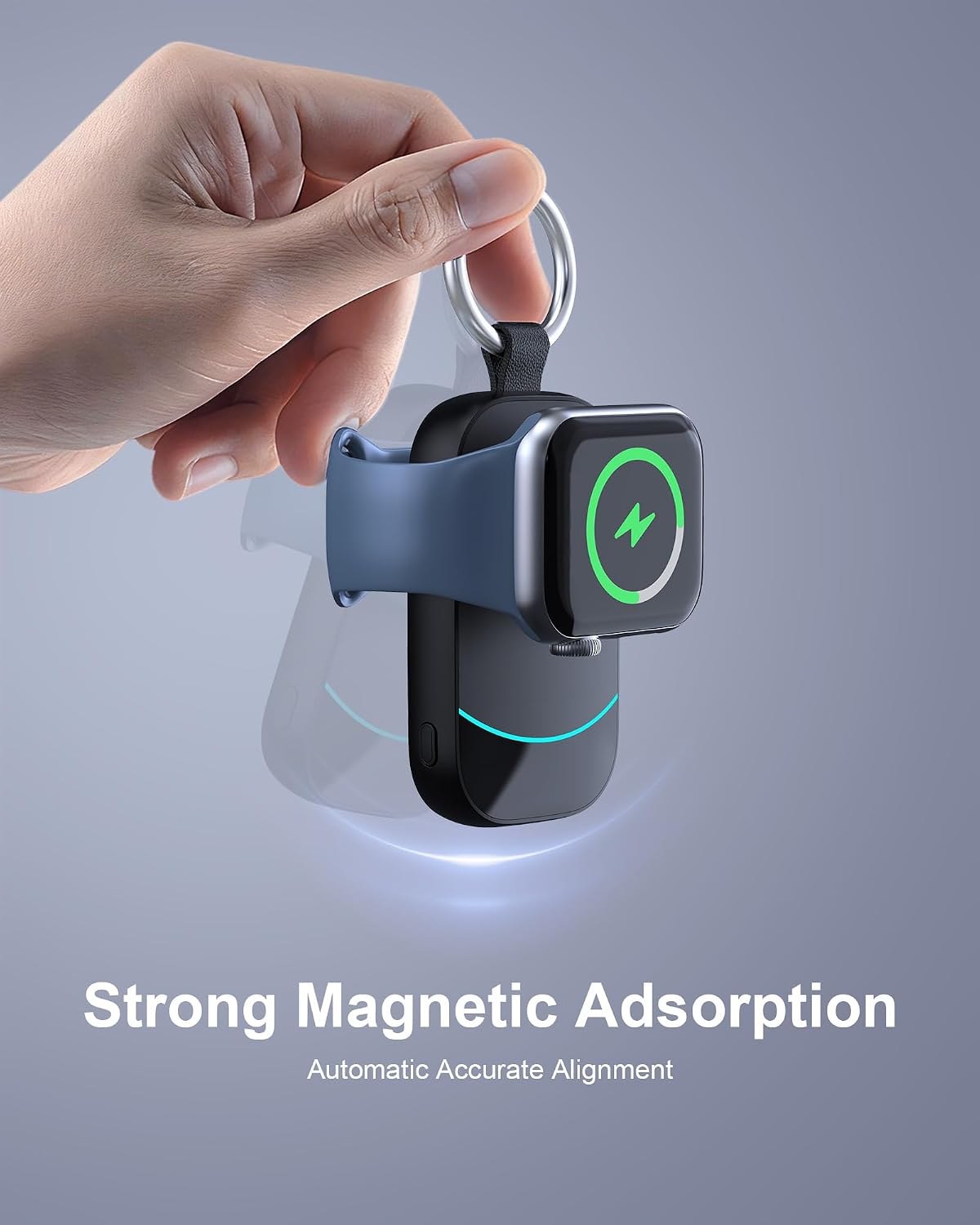 Detalle 2 de 2500mAh Portable Charger for Apple Watch by imodomio: Magnetic Wireless Fast Charging with Keyring
