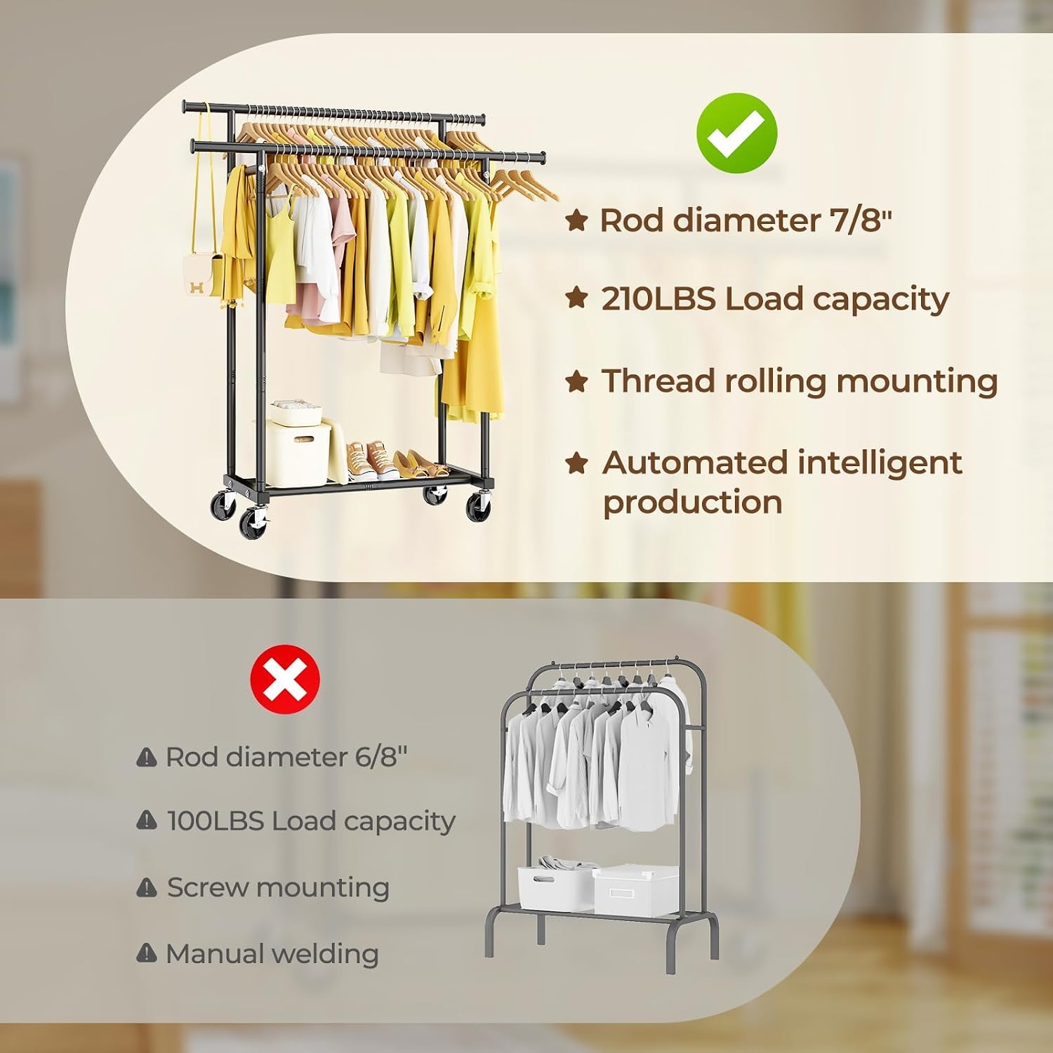 Detalle 2 de HYSEYY HY-1315-BLACK1 Double-Rod Garment Rack with Shelf and Swivel Wheels
