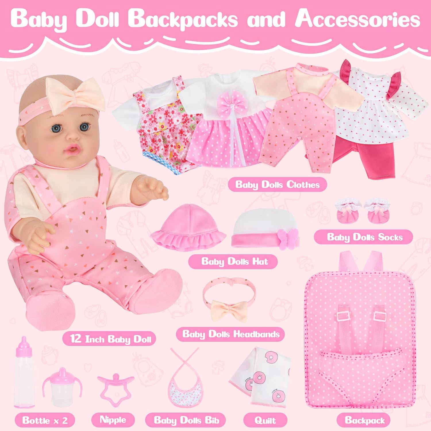 Thumbnail 1 de Mastom 12-Inch Baby Doll Set with Backpack, 4 Outfits & Accessories