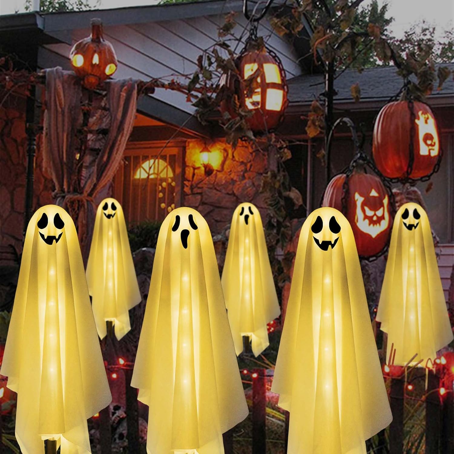 Detalle 2 de Homeleo Set of 6 Solar Ghost Stake Lights, Warm White Outdoor Halloween Decor